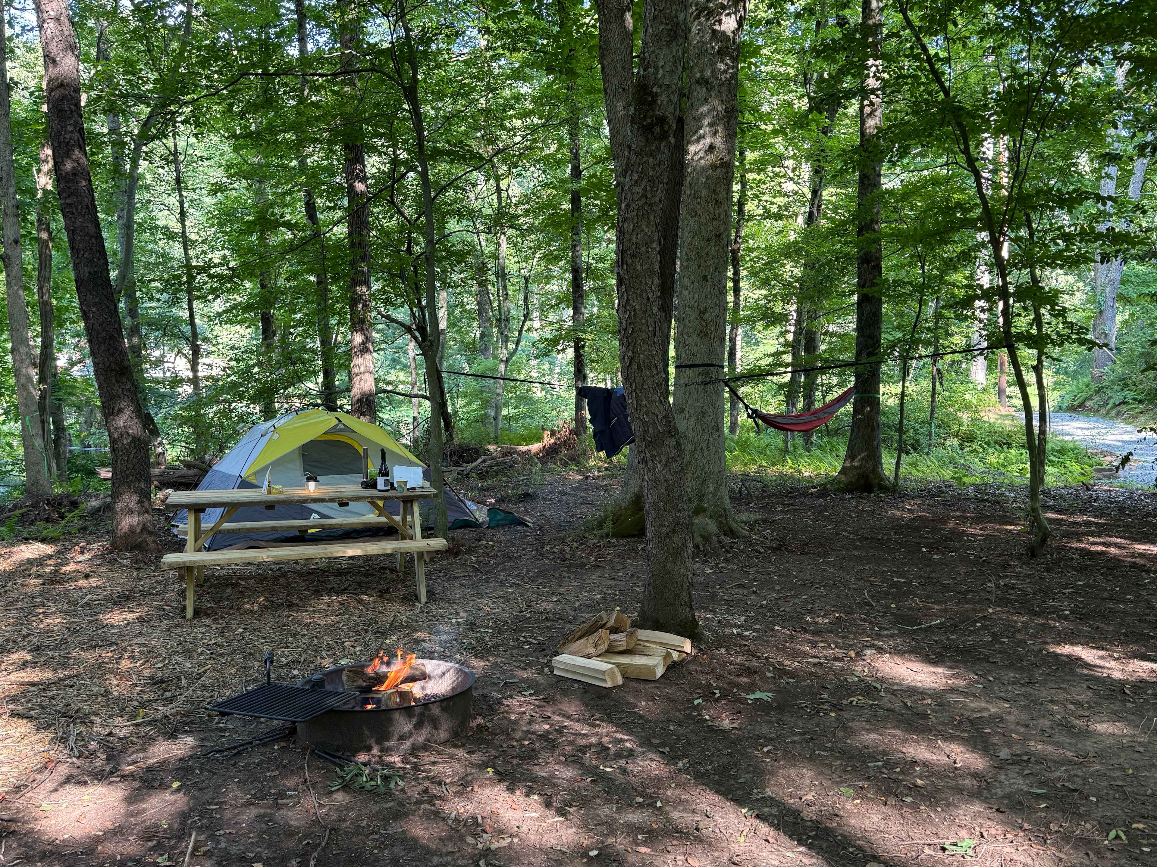 A perfect shaded site for tent and hammock camping! Picnic table and fire ring provided. Room for 2-3 tents. The waterfront is a quick stroll down the stone path. You can maneuver a small trailer or popup here. 