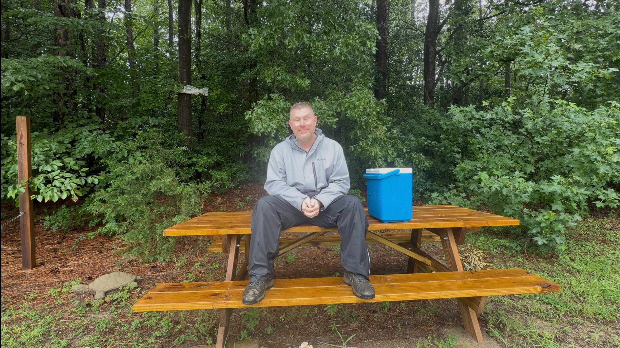 Chatting at the picnic table 