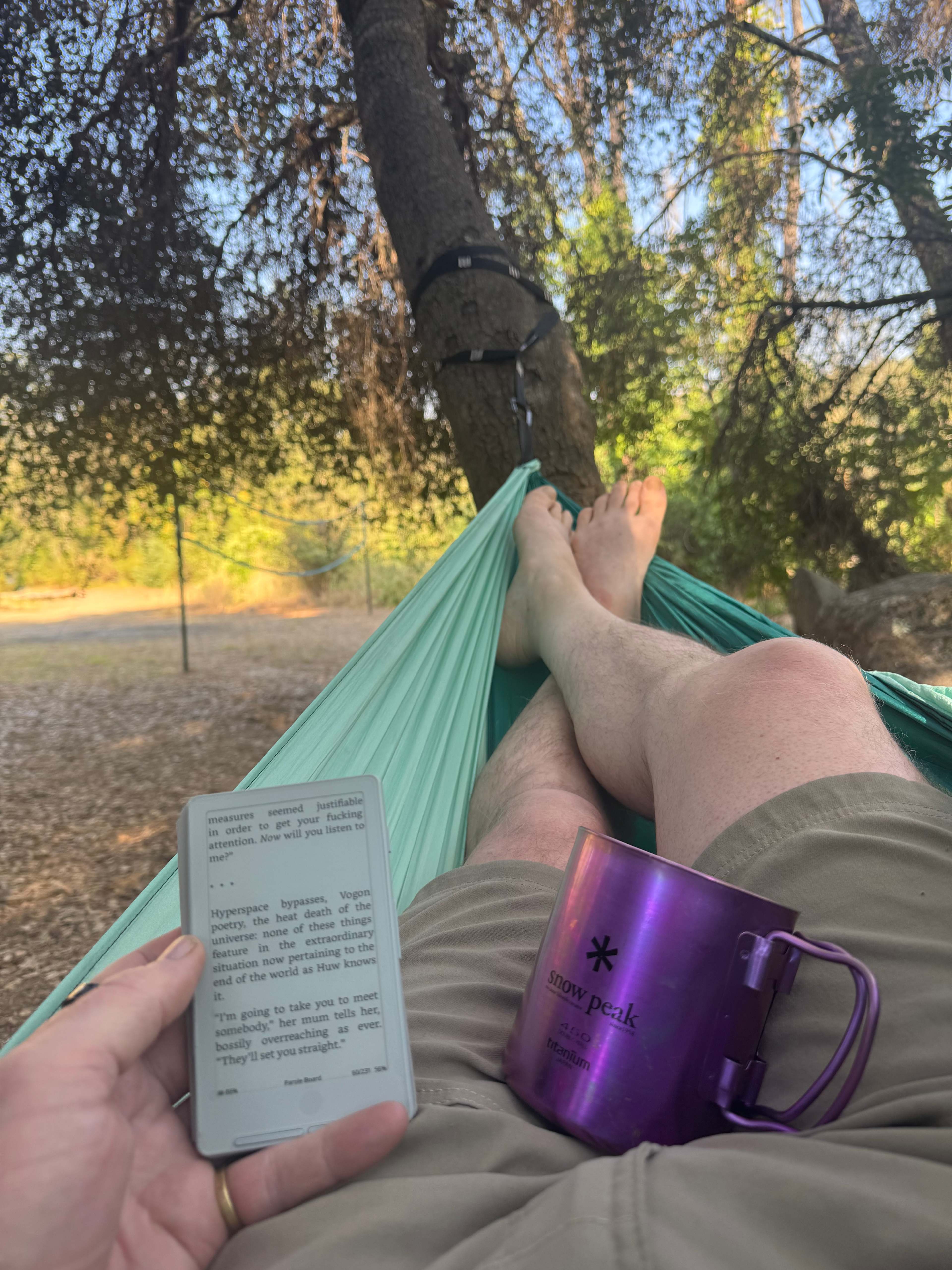 Relaxing at the site (brought the hammock)