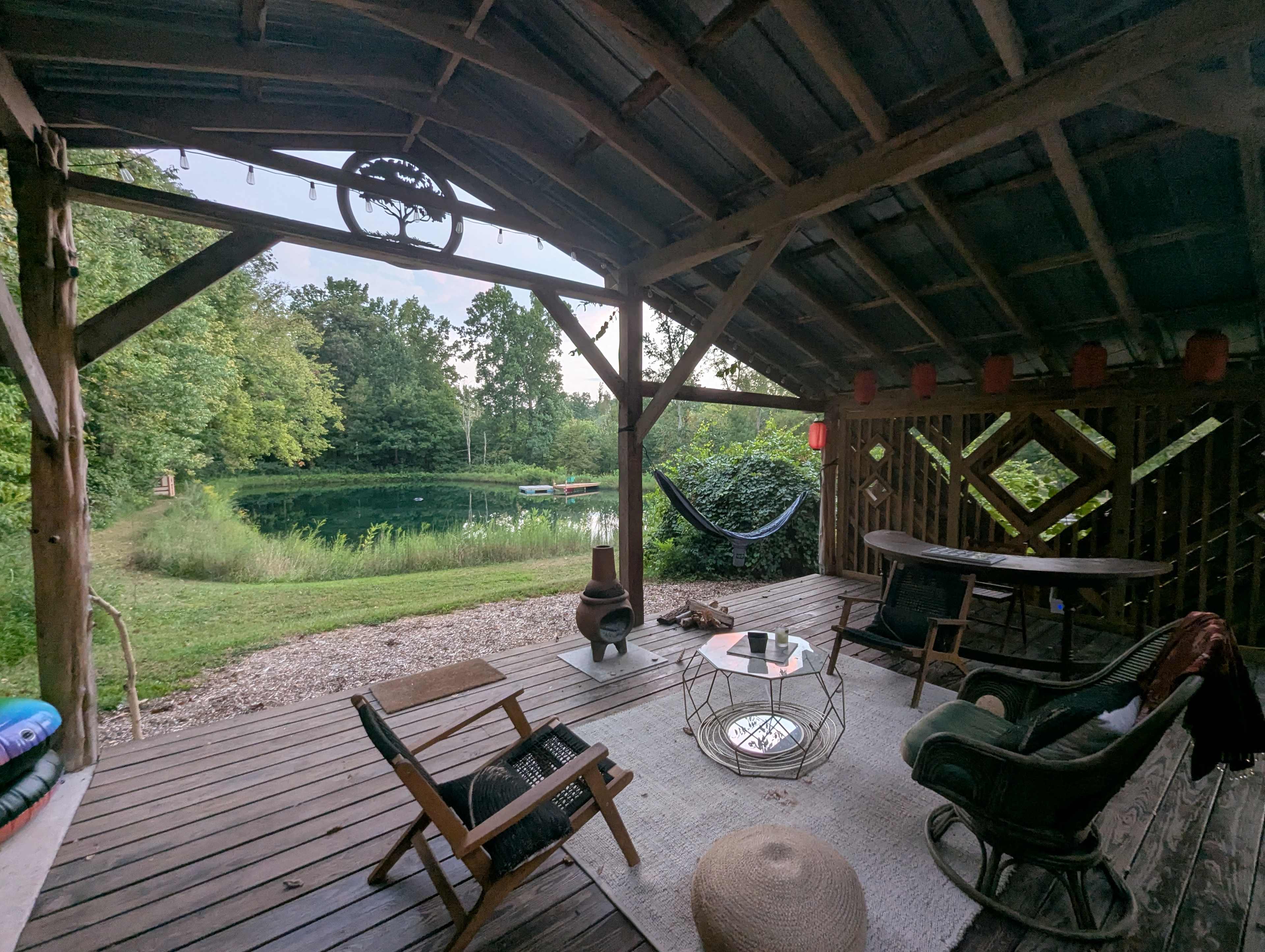 Airstream deck by duck pond