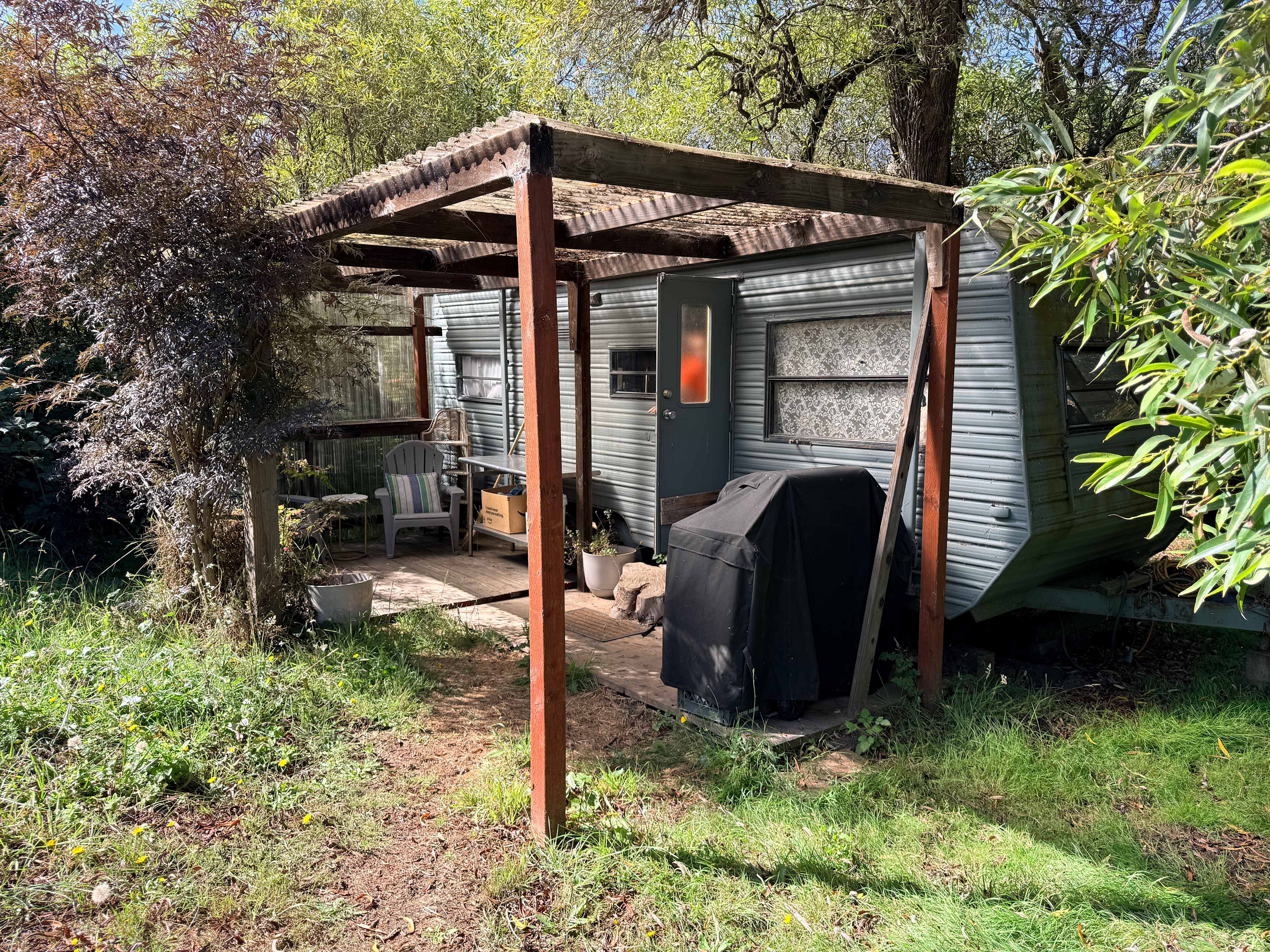 Camper, porch, and BBQ
