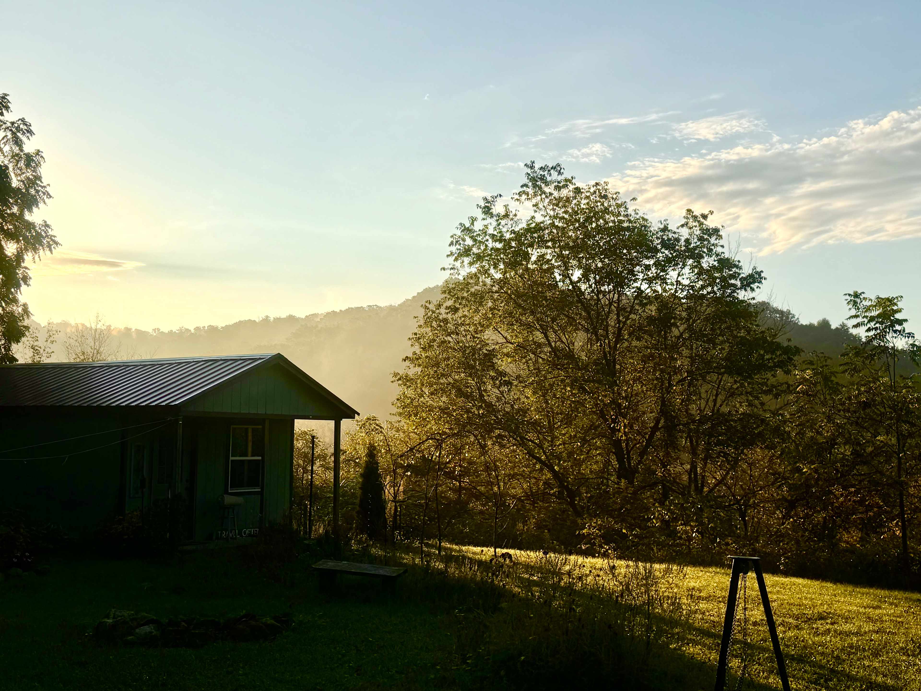 View from cabin drinking a hot cup of coffee.