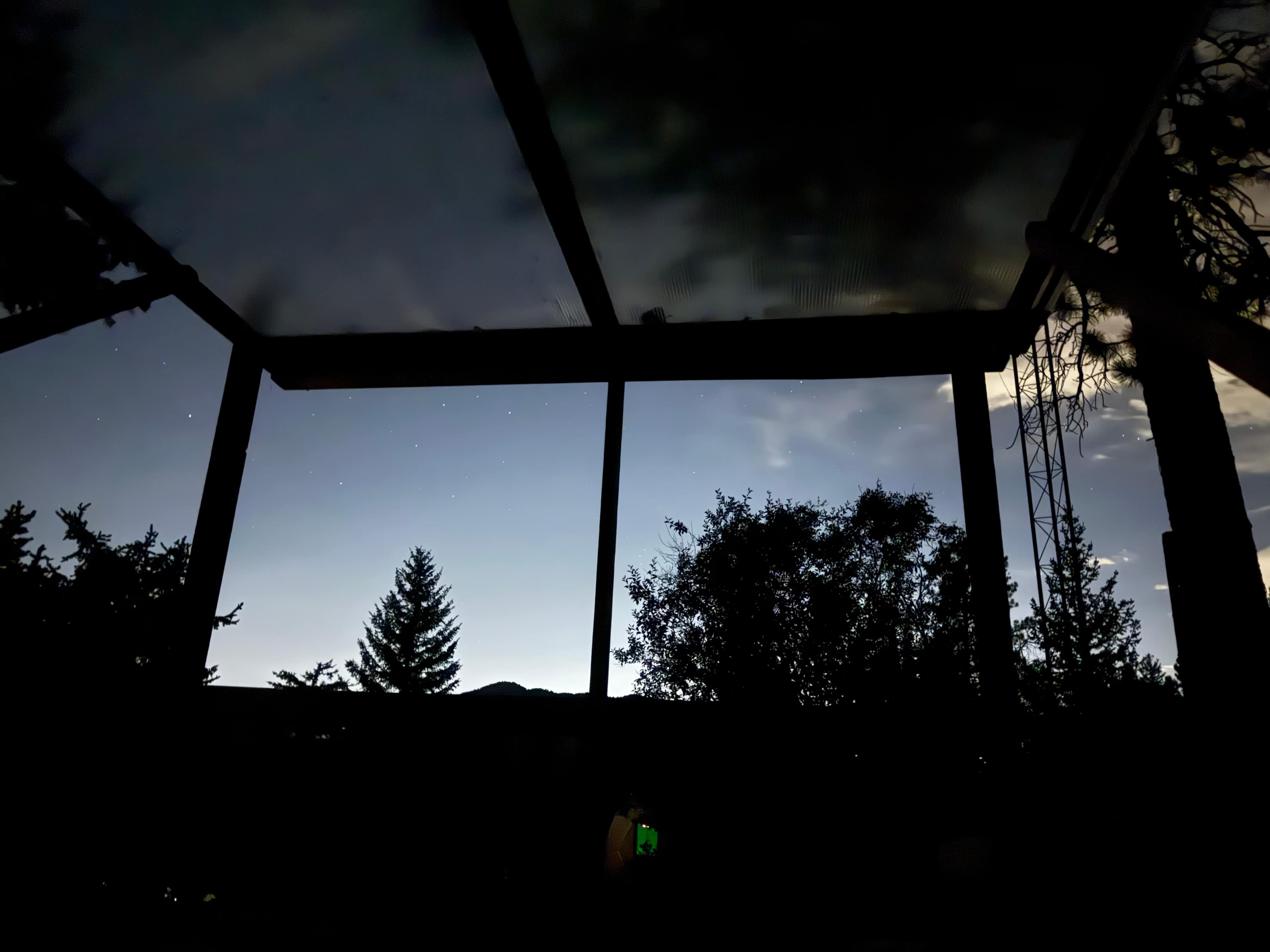 The open A-Frame and night sky. 