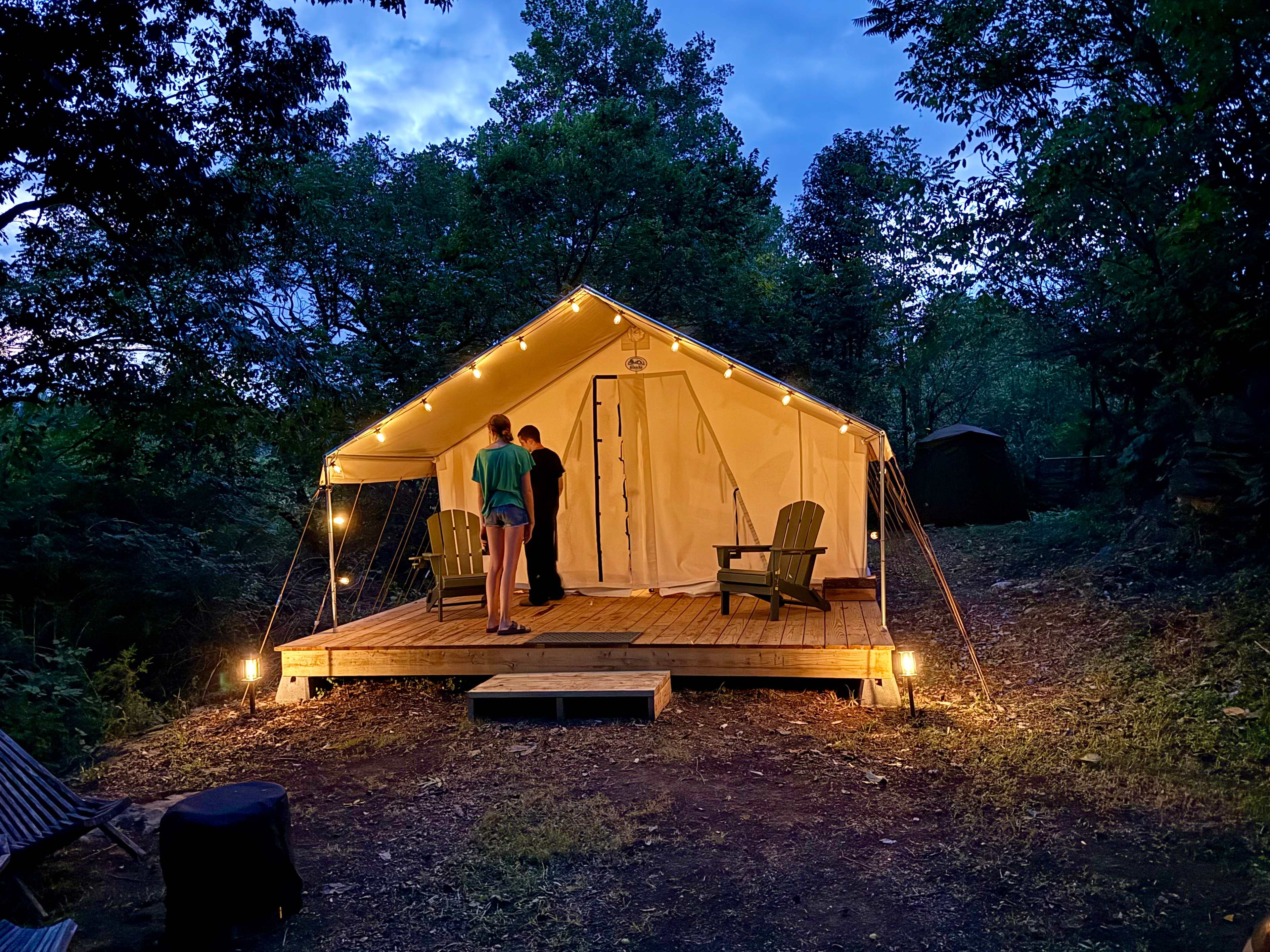 glamping tent at night