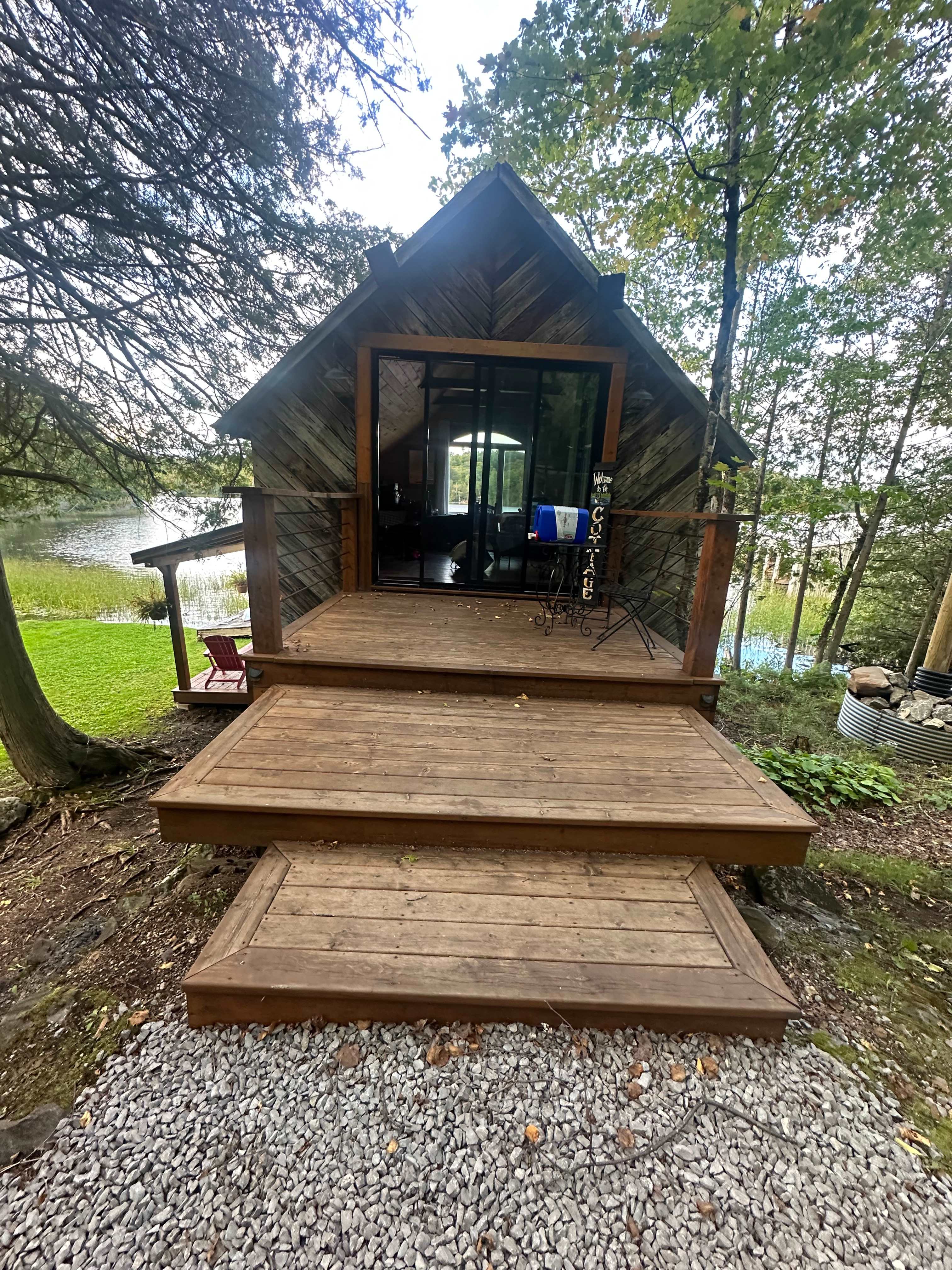 Looking at the boathouse from the bottom of the deck going up. 