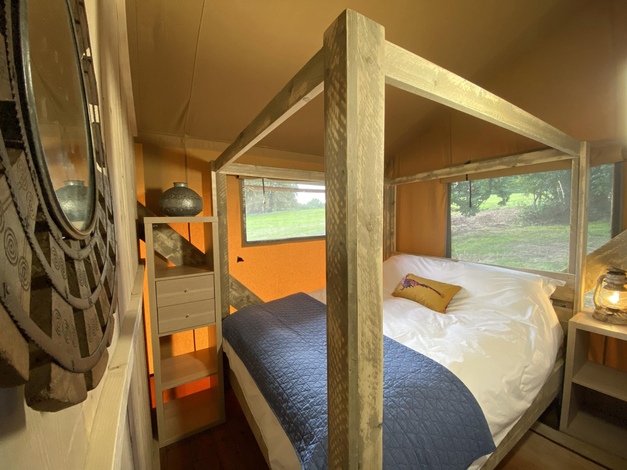 The master bedroom in a safari tent at Bozedown Boltholes.