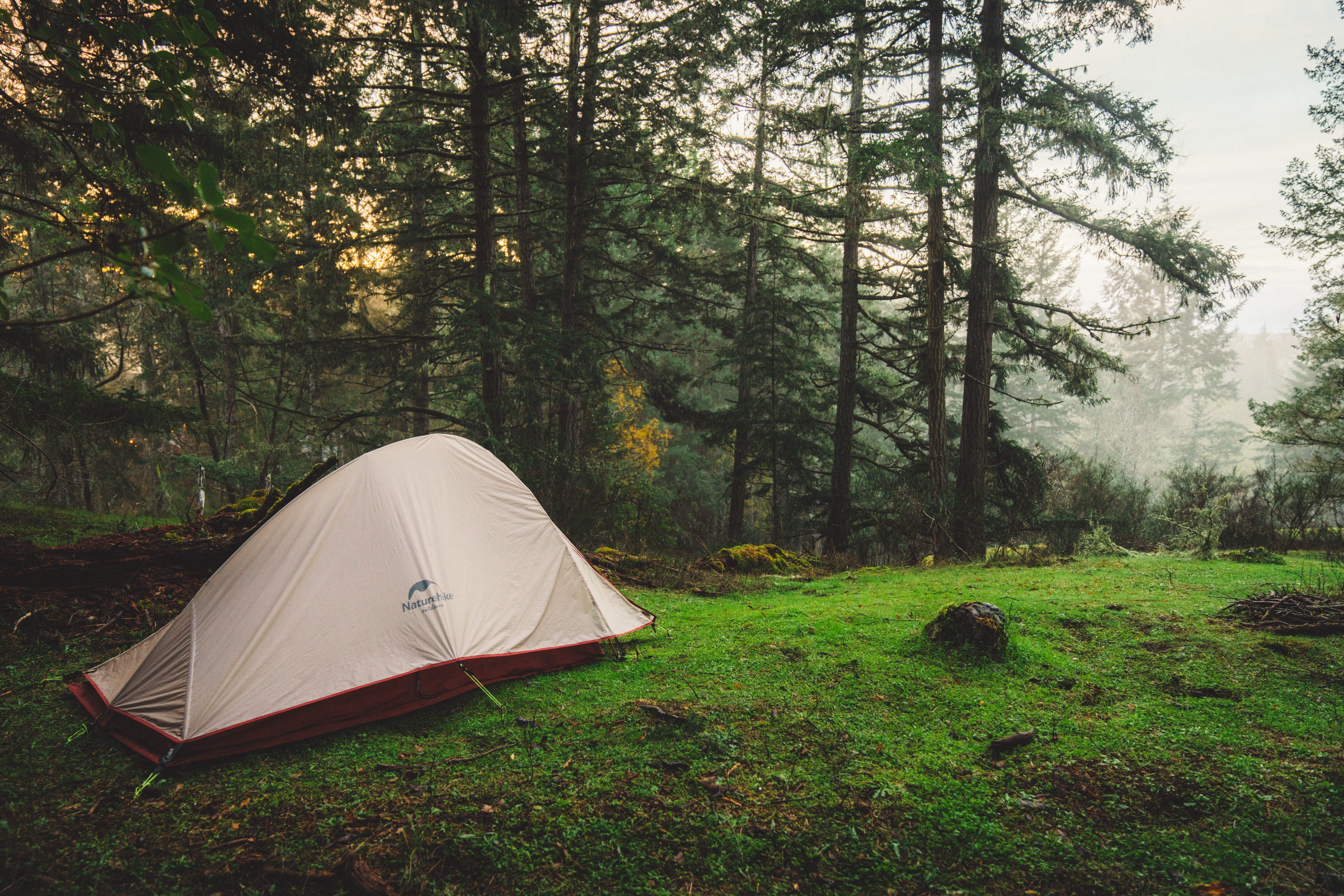 My tent at the highest site, with the view just visible through the morning mist. 