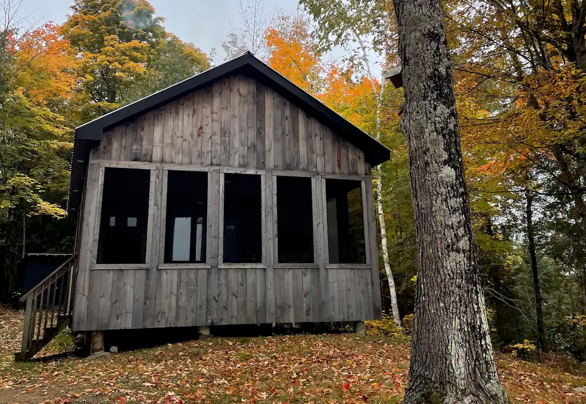 The cabin exterior, pictured in the autumn