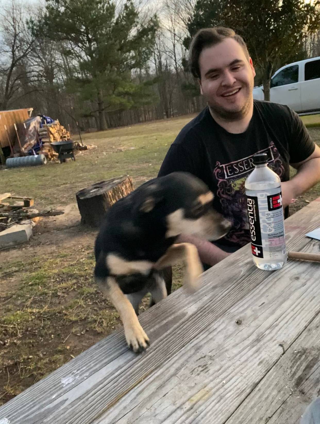 Our son, who came to visit, having fun with Cookie