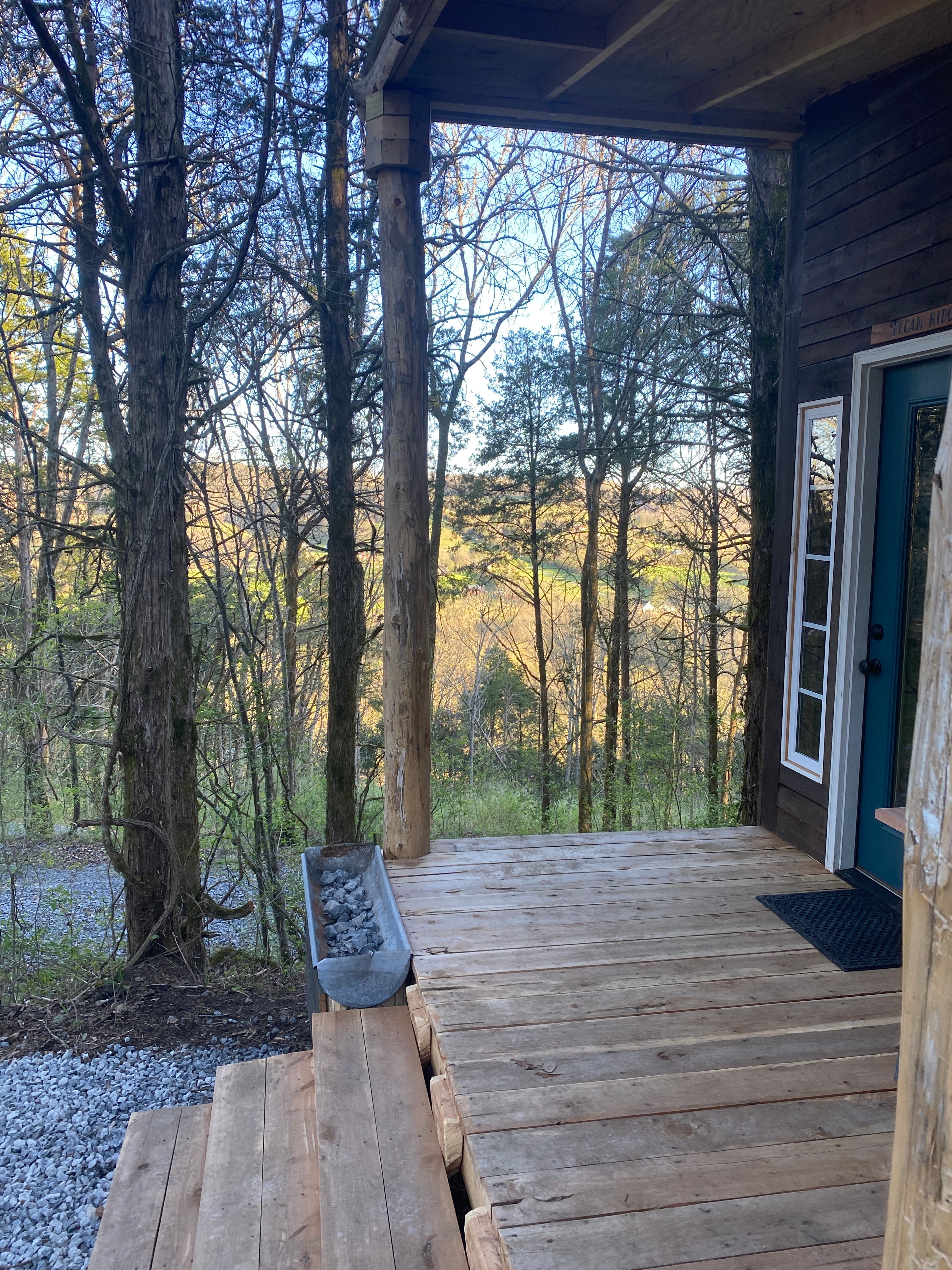 view from porch of Pecan Ridge Cabin at Futurology Farms