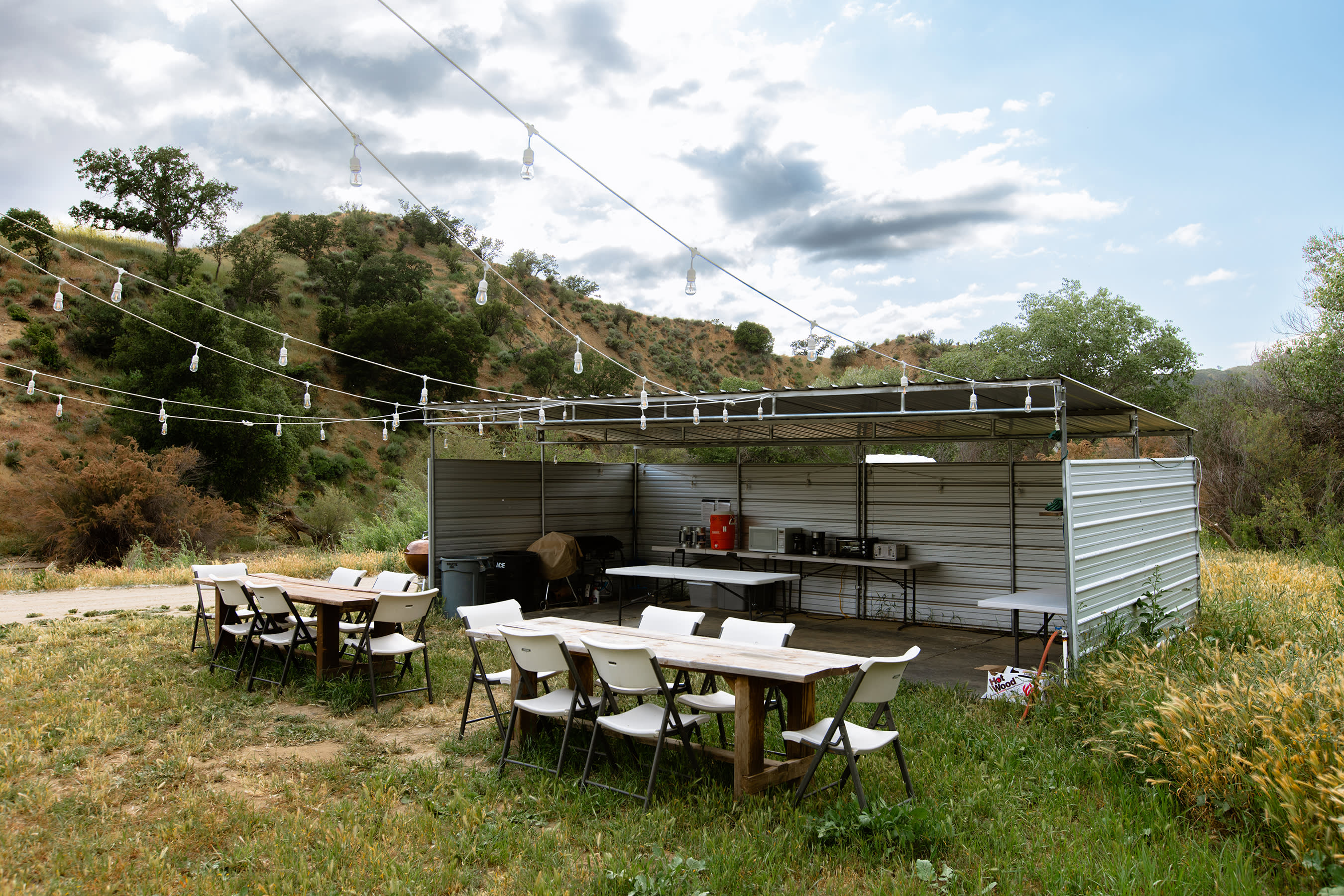 Communal camp kitchen and tables