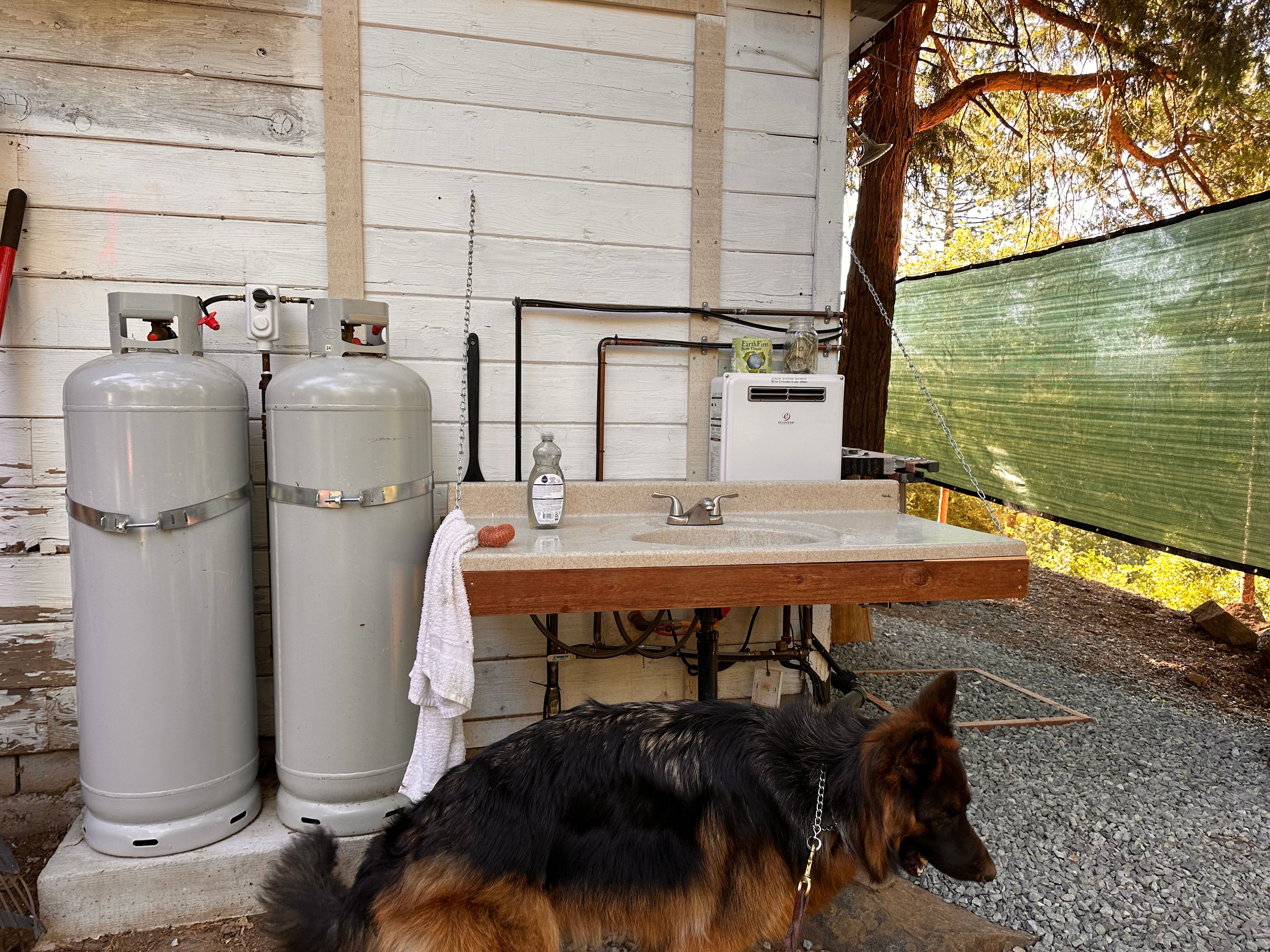 Sink with hot water and shower just around the corner. Don't mind the red wolf.