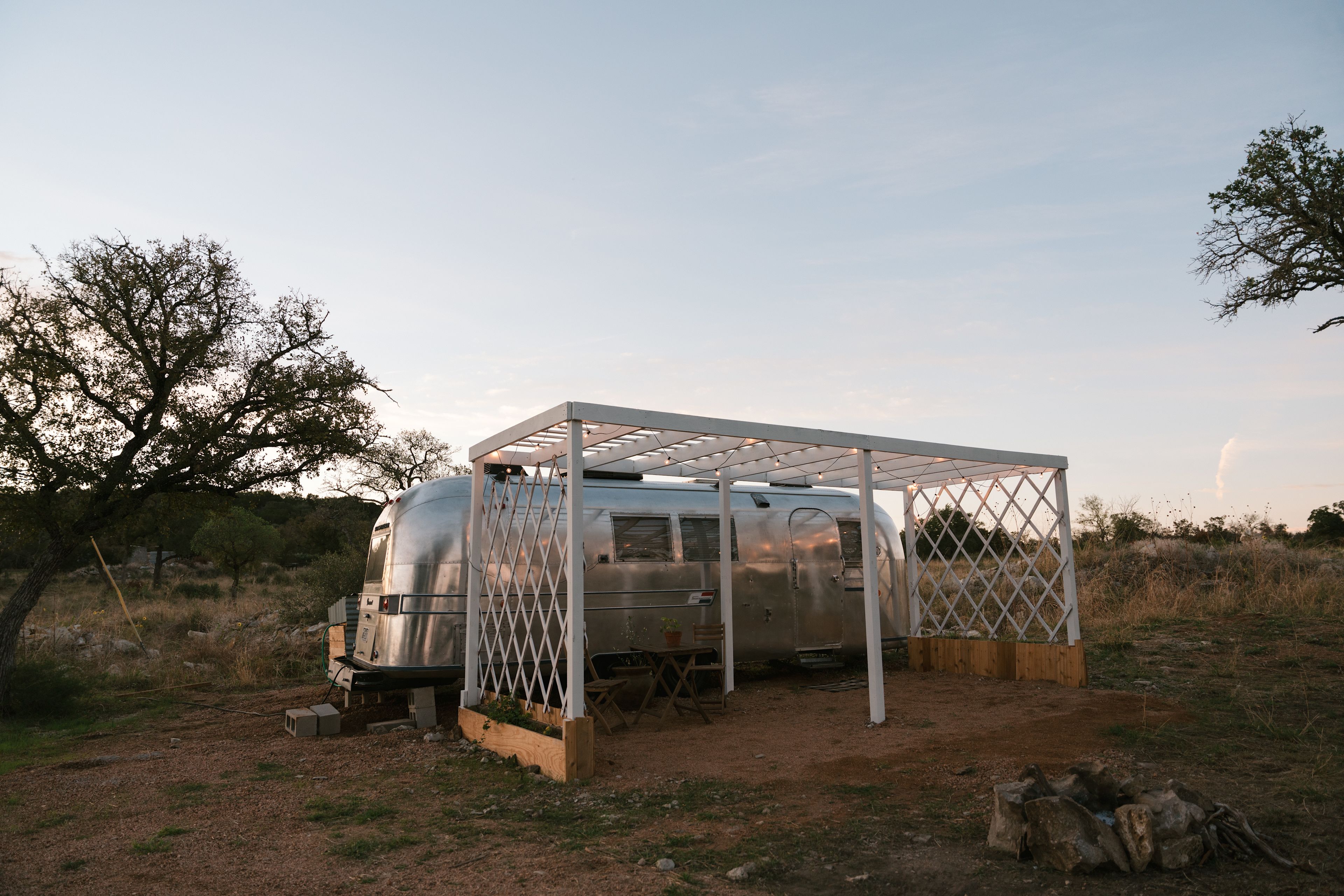 Airstream campground with firepit in the front