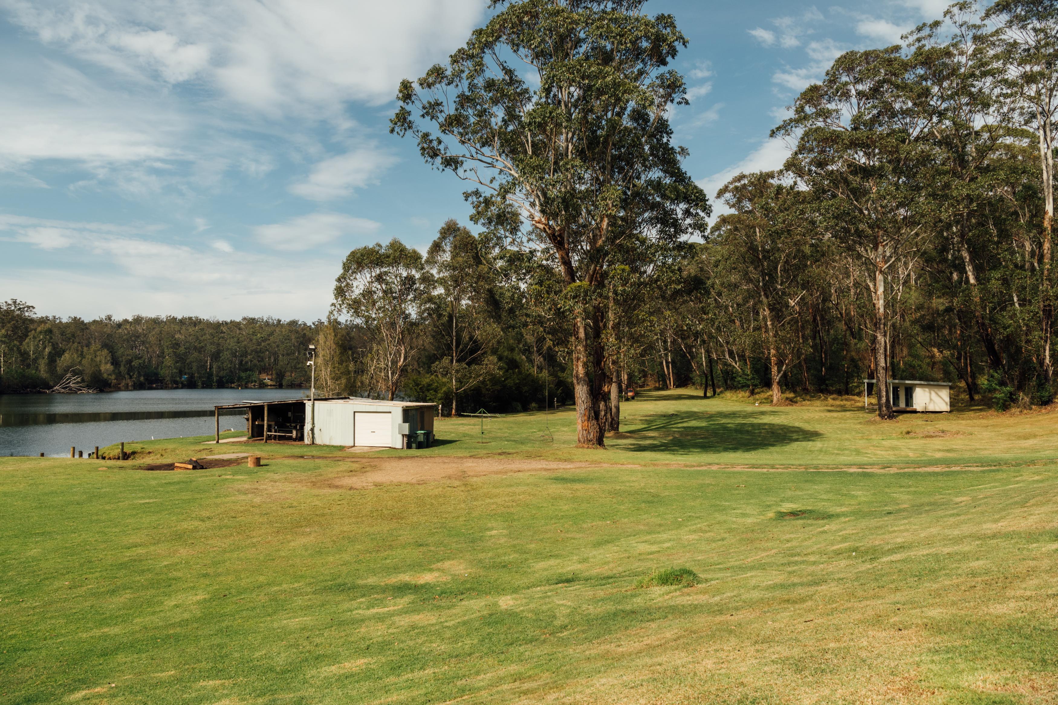 View down to the kitchen cabin and the powered sites.