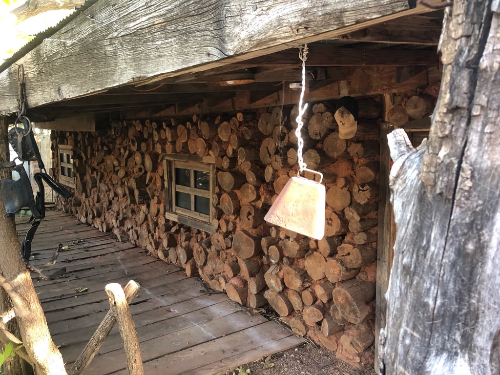 Outside of the Log Cabin built for $7, one of our accommodations at Sams Town.