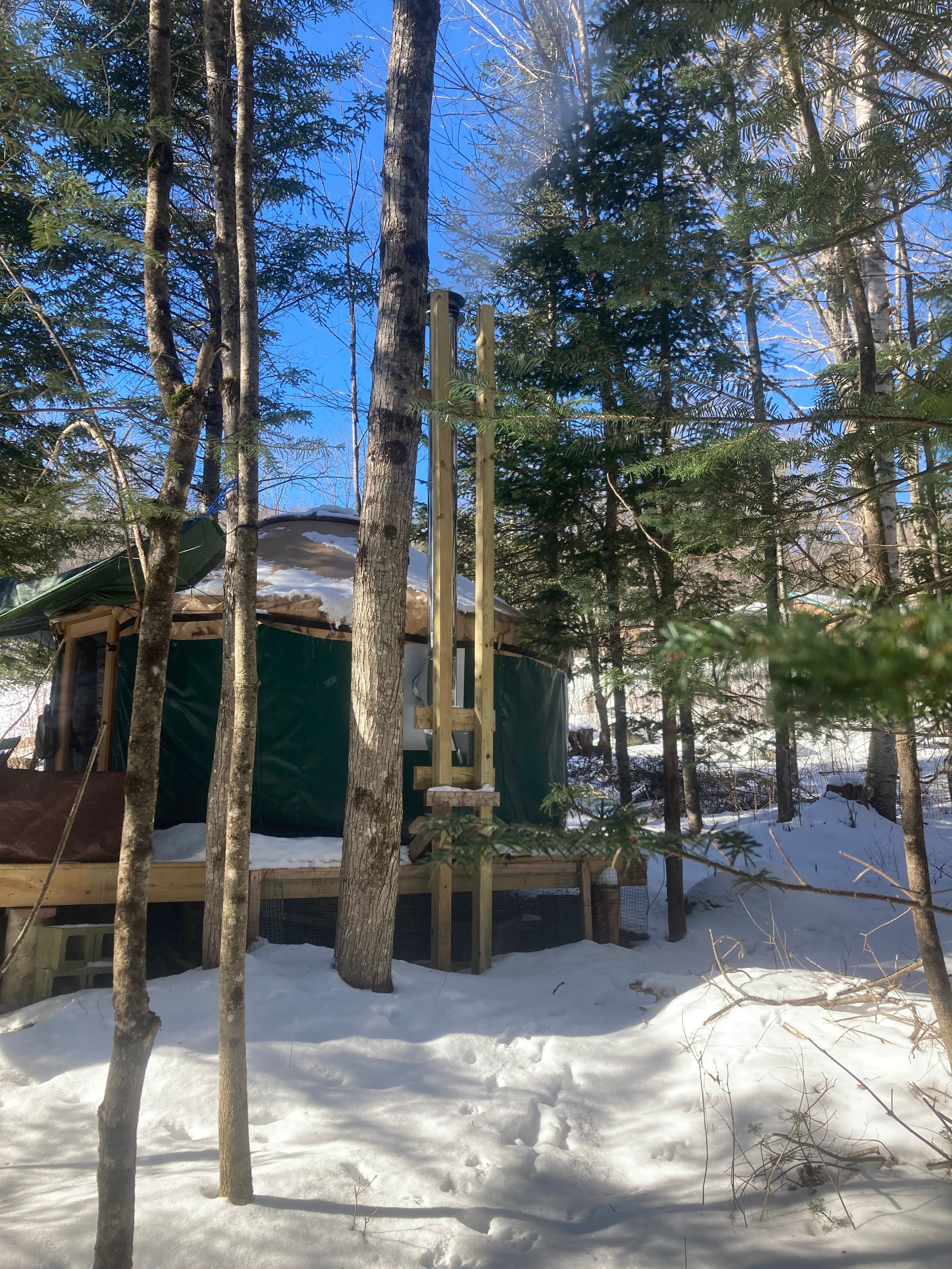 Our 14' yurt is tucked into the wooded area of our property giving it the feel of complete privacy. Our house is visible in the upper right.