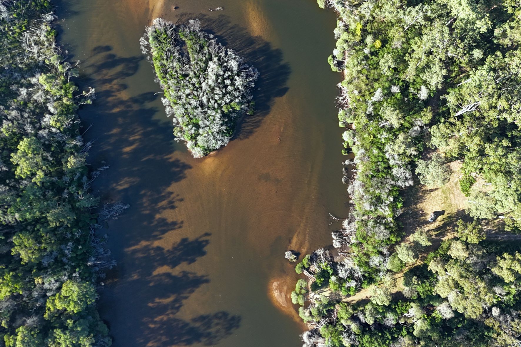 Aerial view of the river and Hipcamp property. See the grassy opening on the right with path down to the river. 
