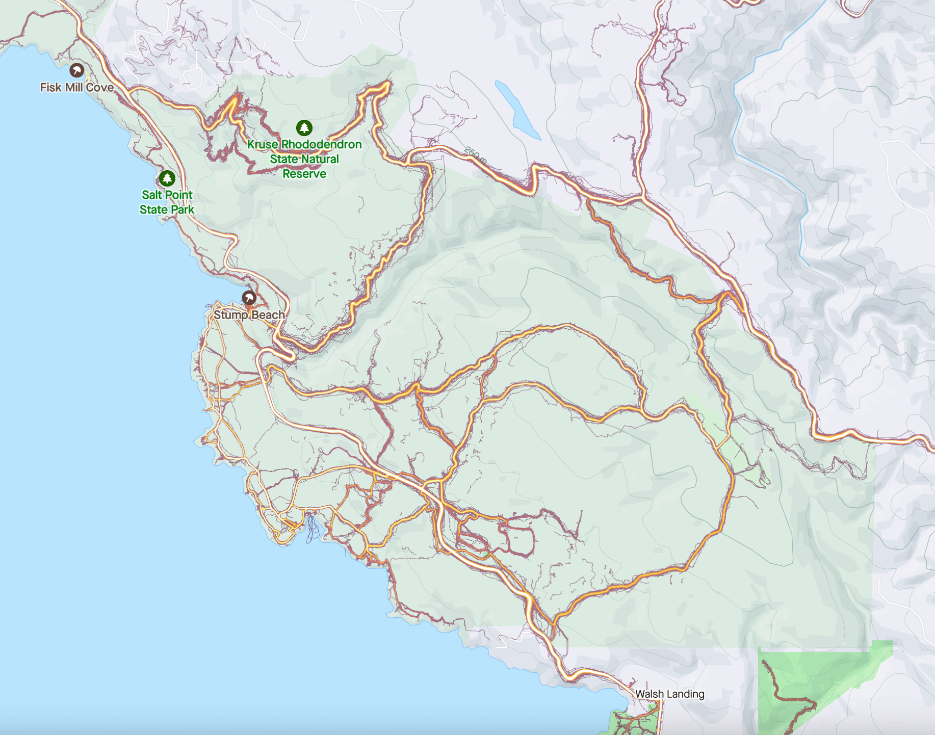 Salt Point State Park Trail Network.  Huckleberry Haven is situated on Kruse Ranch Road at the top of this map.