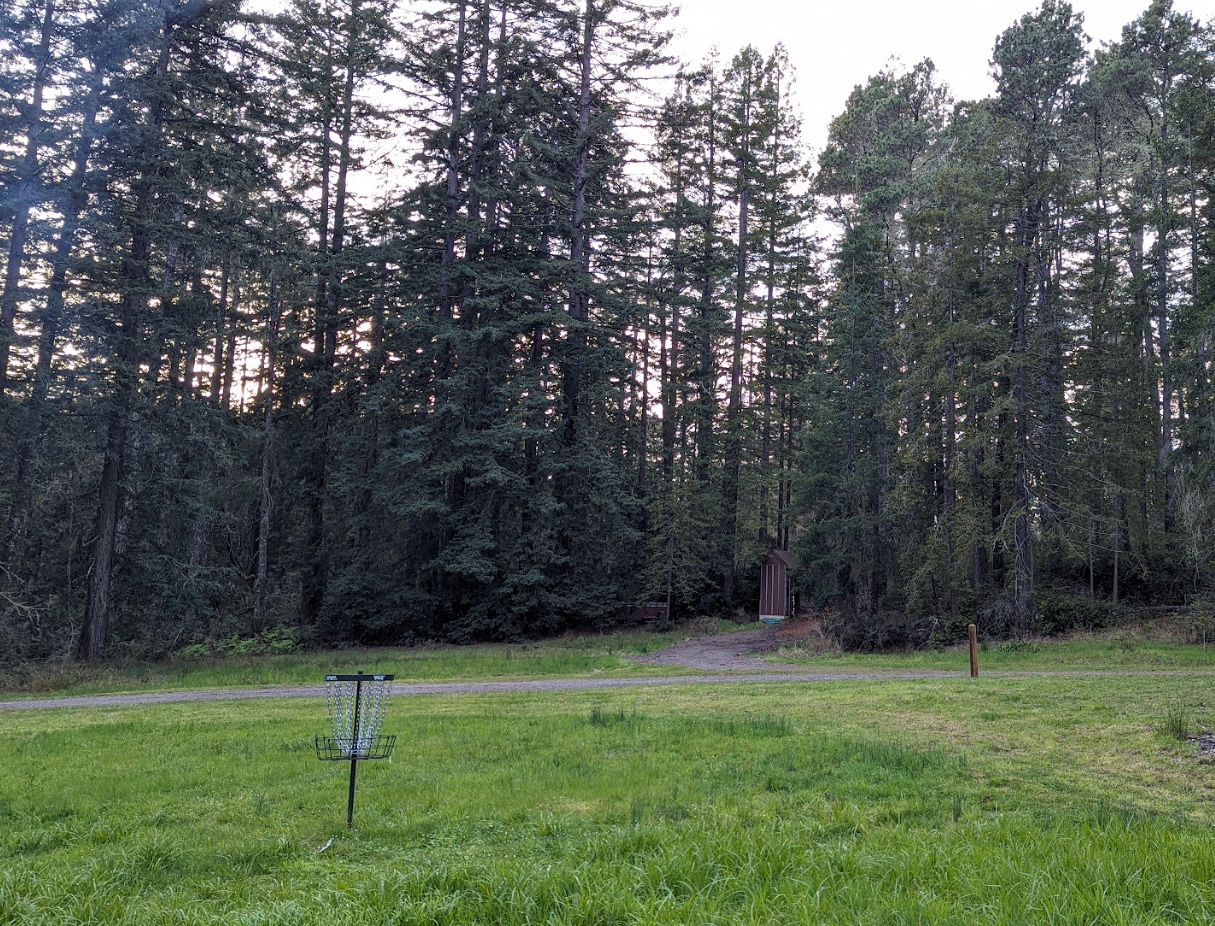 Entrance and parking for Huckleberry Camp. Enjoy a few holes of Frisbee Golf.