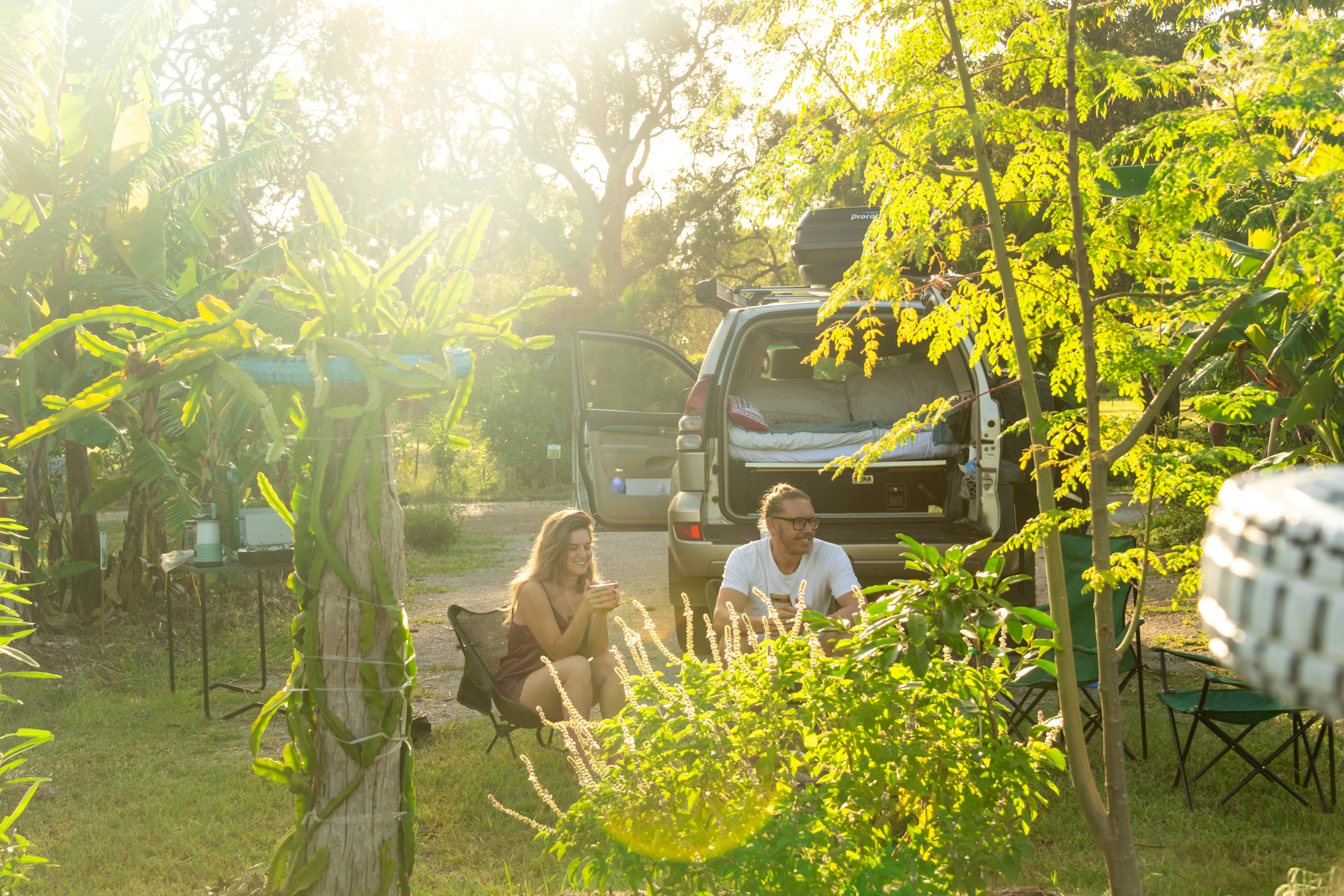 Enjoying morning tea at the campsite