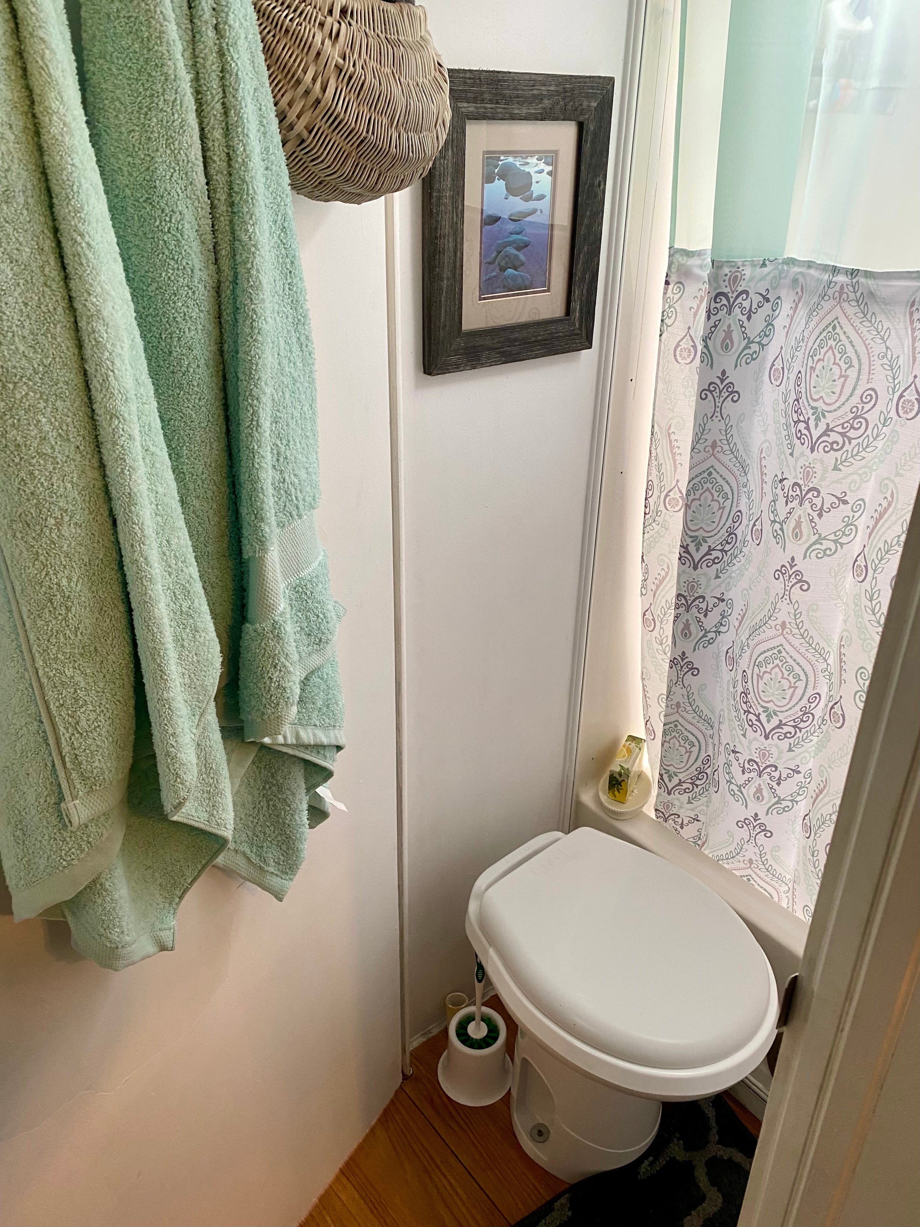 Small but mighty bathroom, shower and sink.