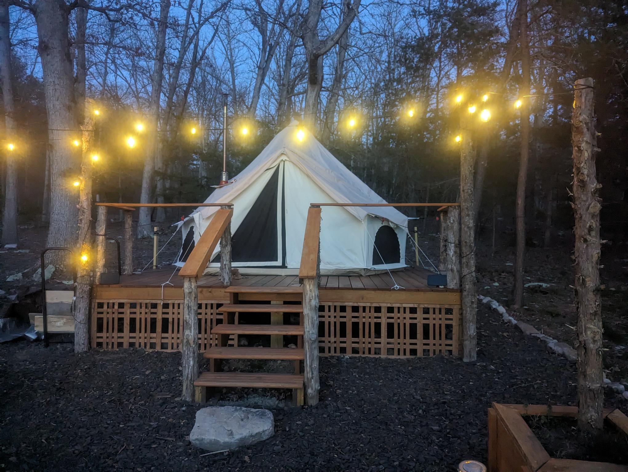 Solar powered fairy lights adorn the deck