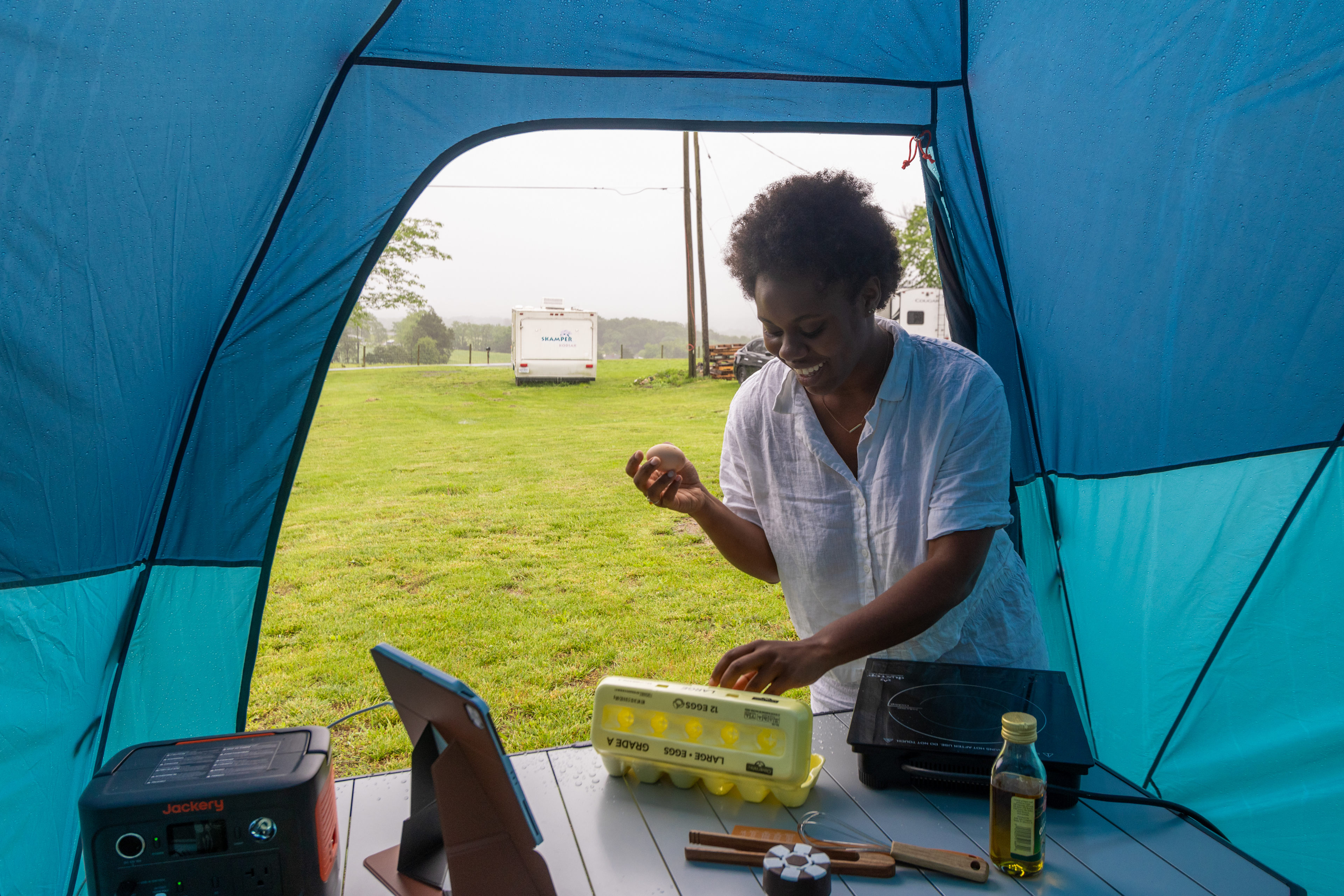 Making breakfast while it rains outside