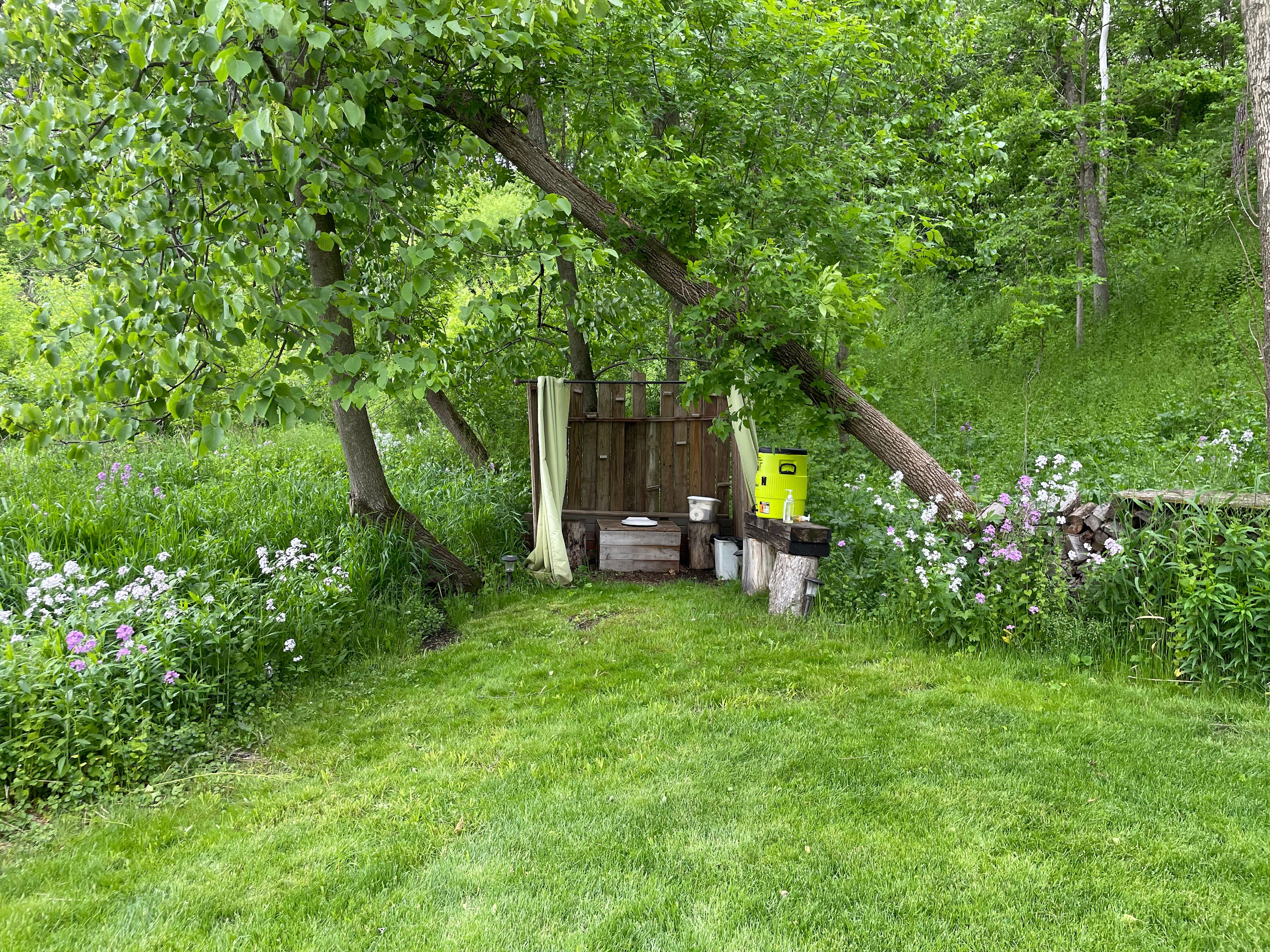 Outdoor bathroom and handwashing station in late spring.