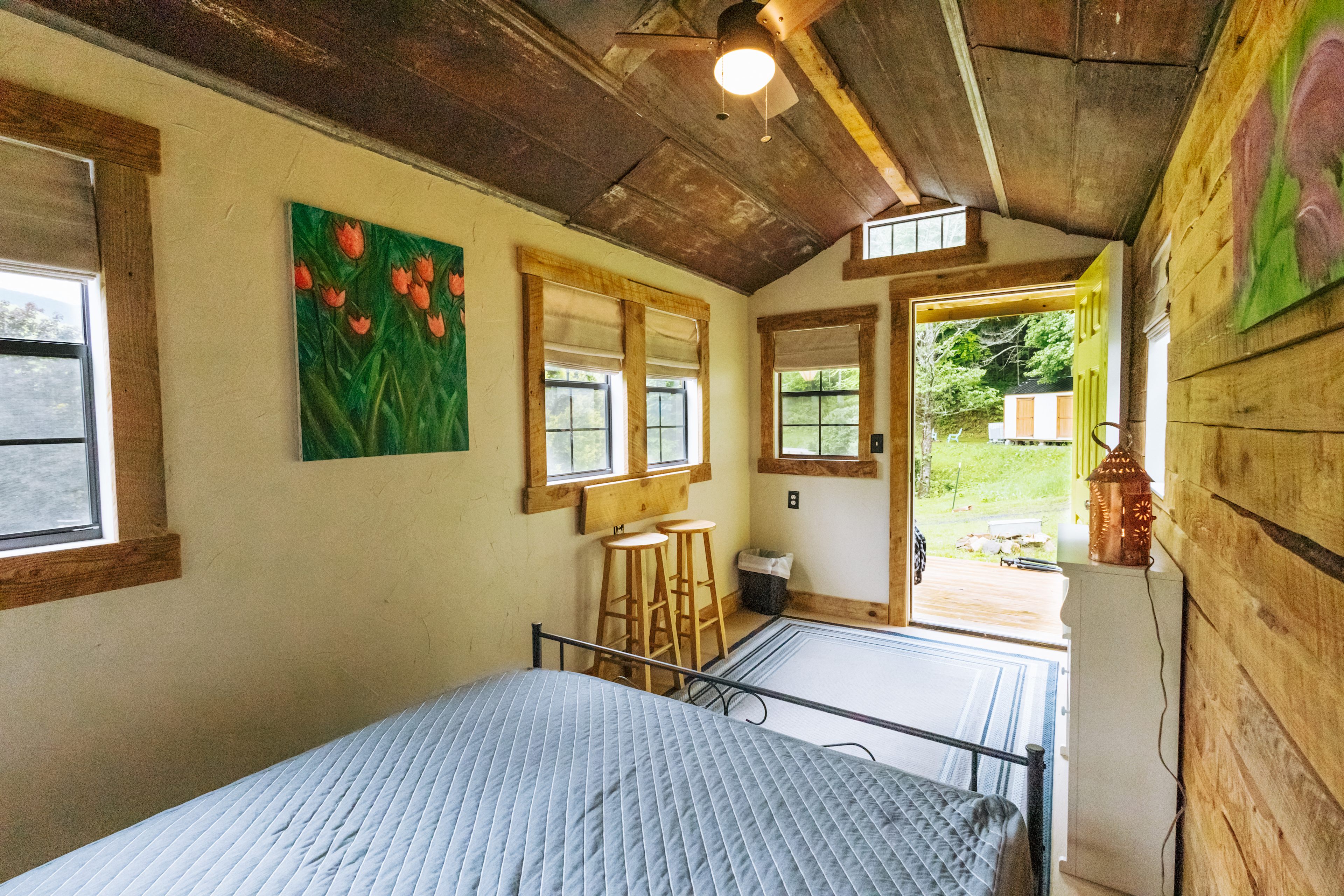 Inside the cabin you will find an unbelievably comfy bed, electricity, and a pop up counter for morning coffee or afternoon meetings. 