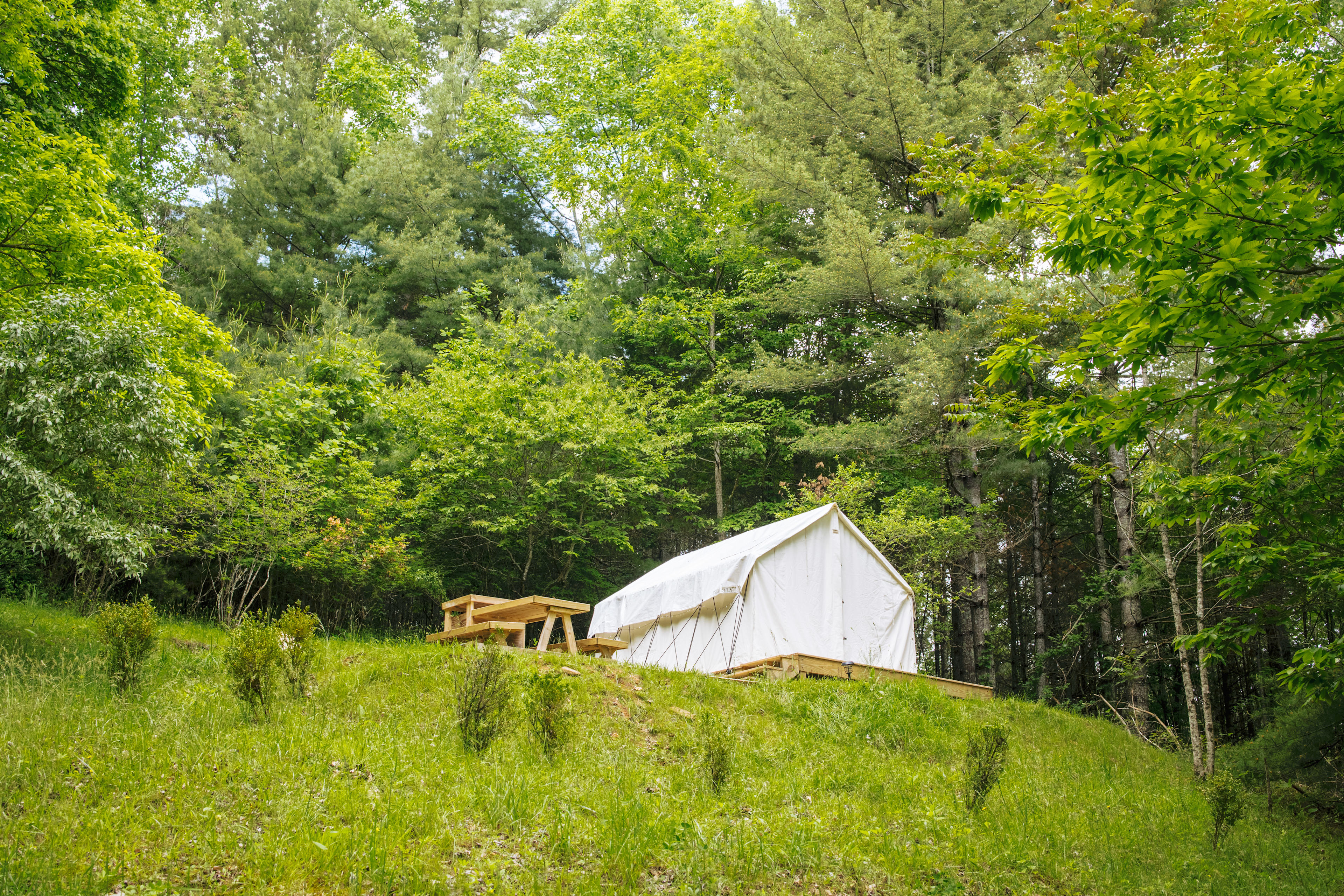 The glamping site sits on top of the hill. It has the most privacy along with its own picnic table and fire pit area. 