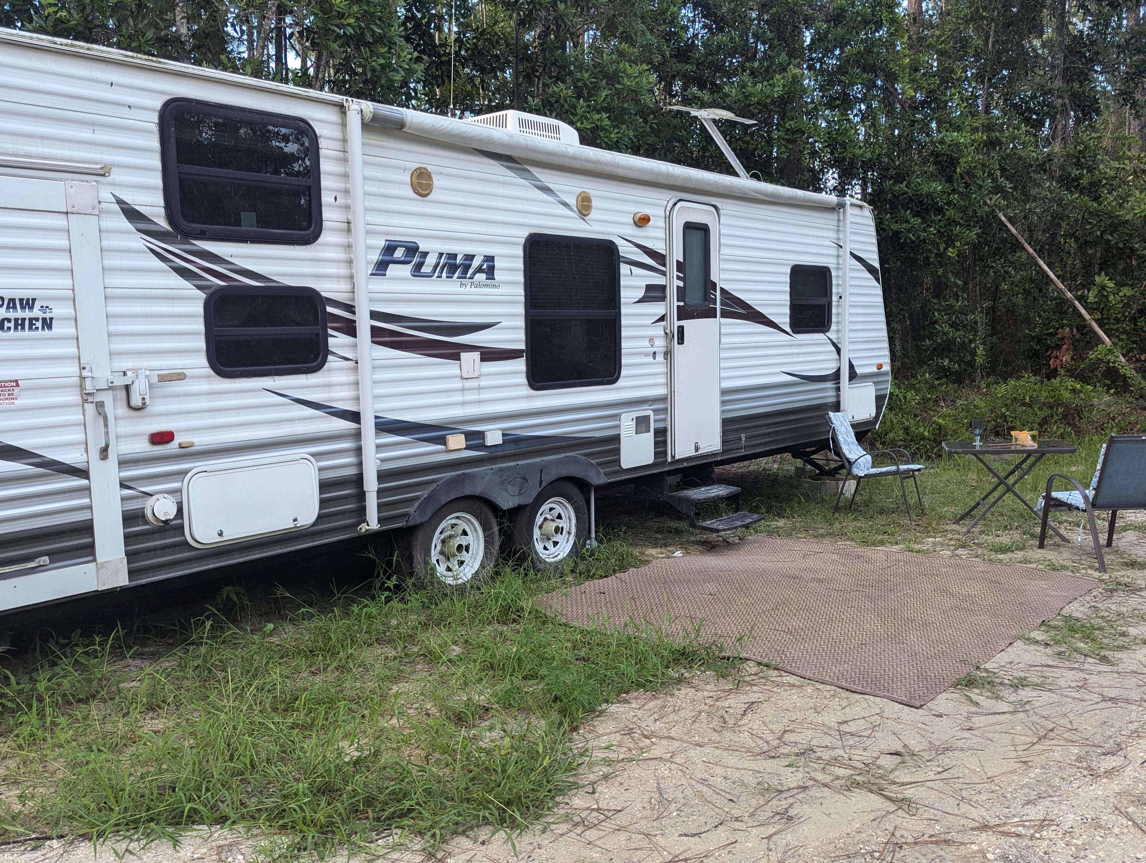 We may or may not be able to have the awning open during your stay. There will be an outdoor table & 2 chairs. Let us know and we can try to get more.