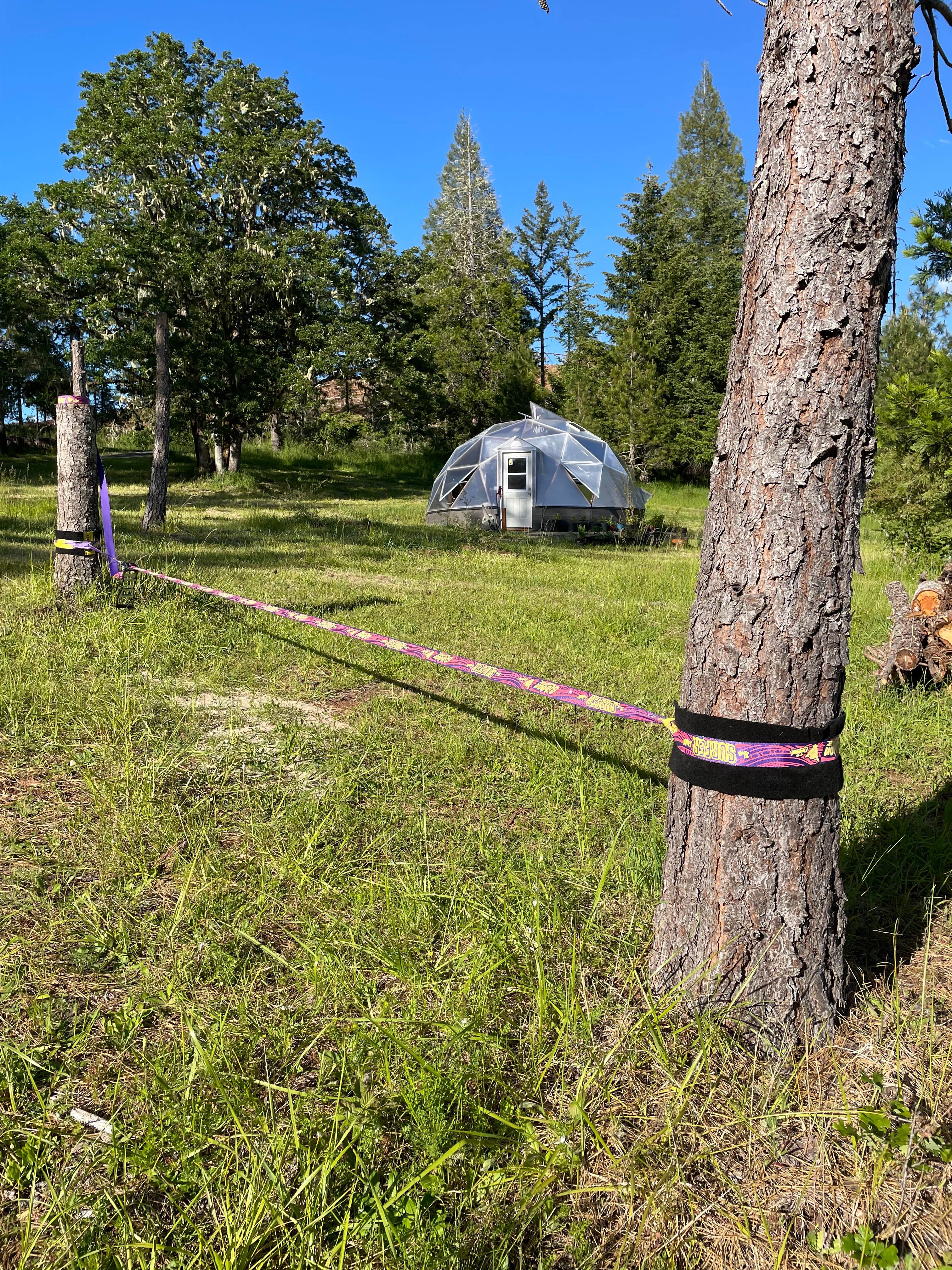 Slack-line (greenhouse behind), which is available for use by campers (consenting to risk). 