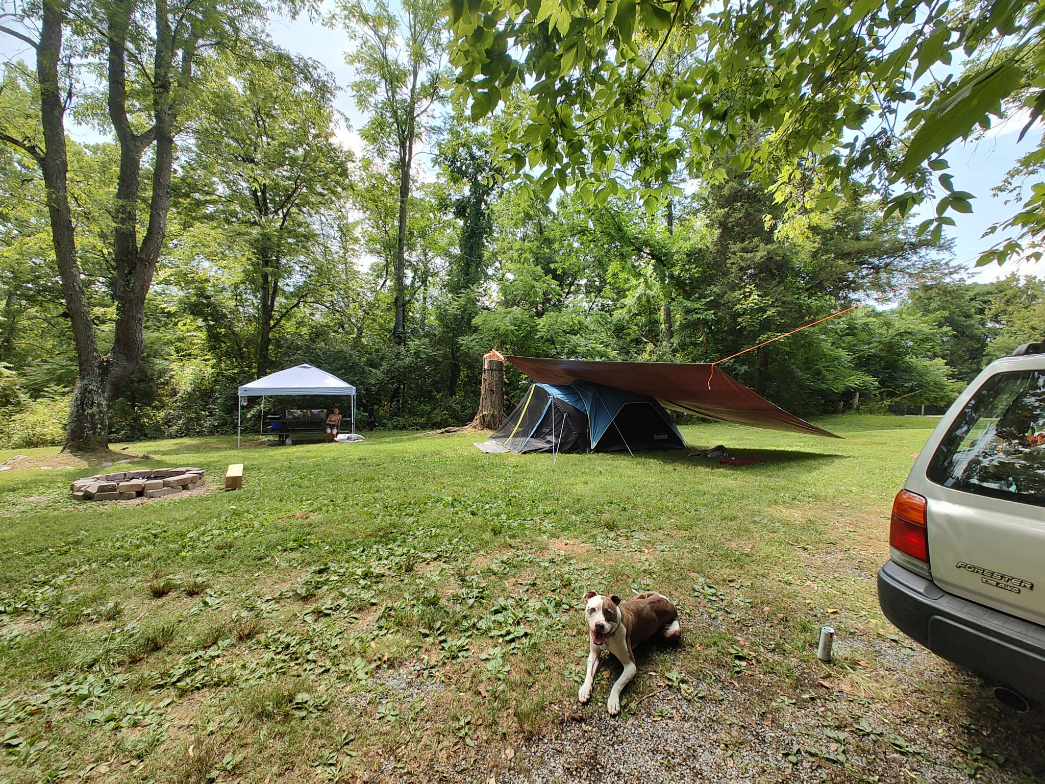 We tie and stake our tarps which does require some creative thinking at this site and a good amount of twine.