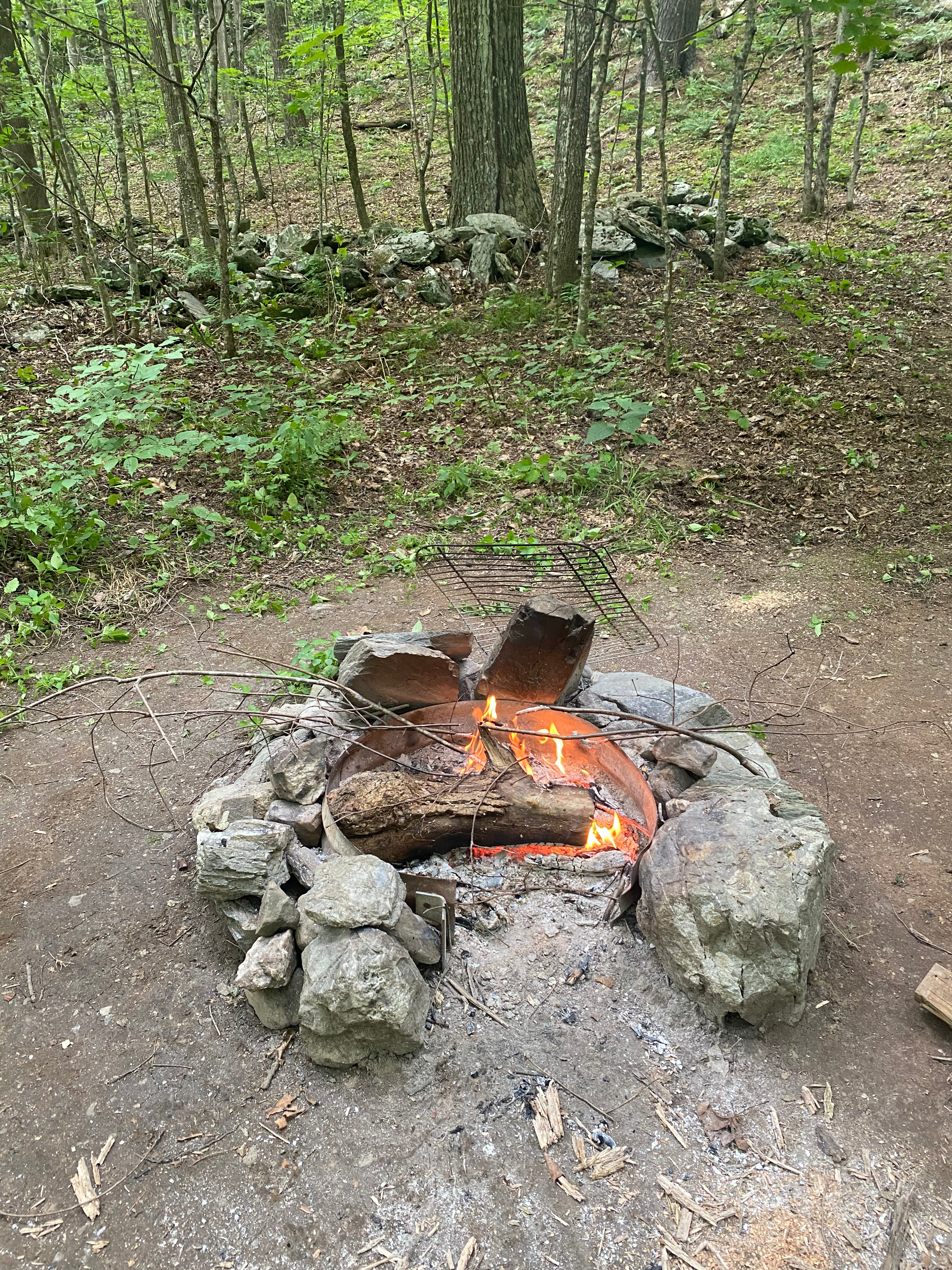 Large open-ring fire pit with metal grate for cooking. 