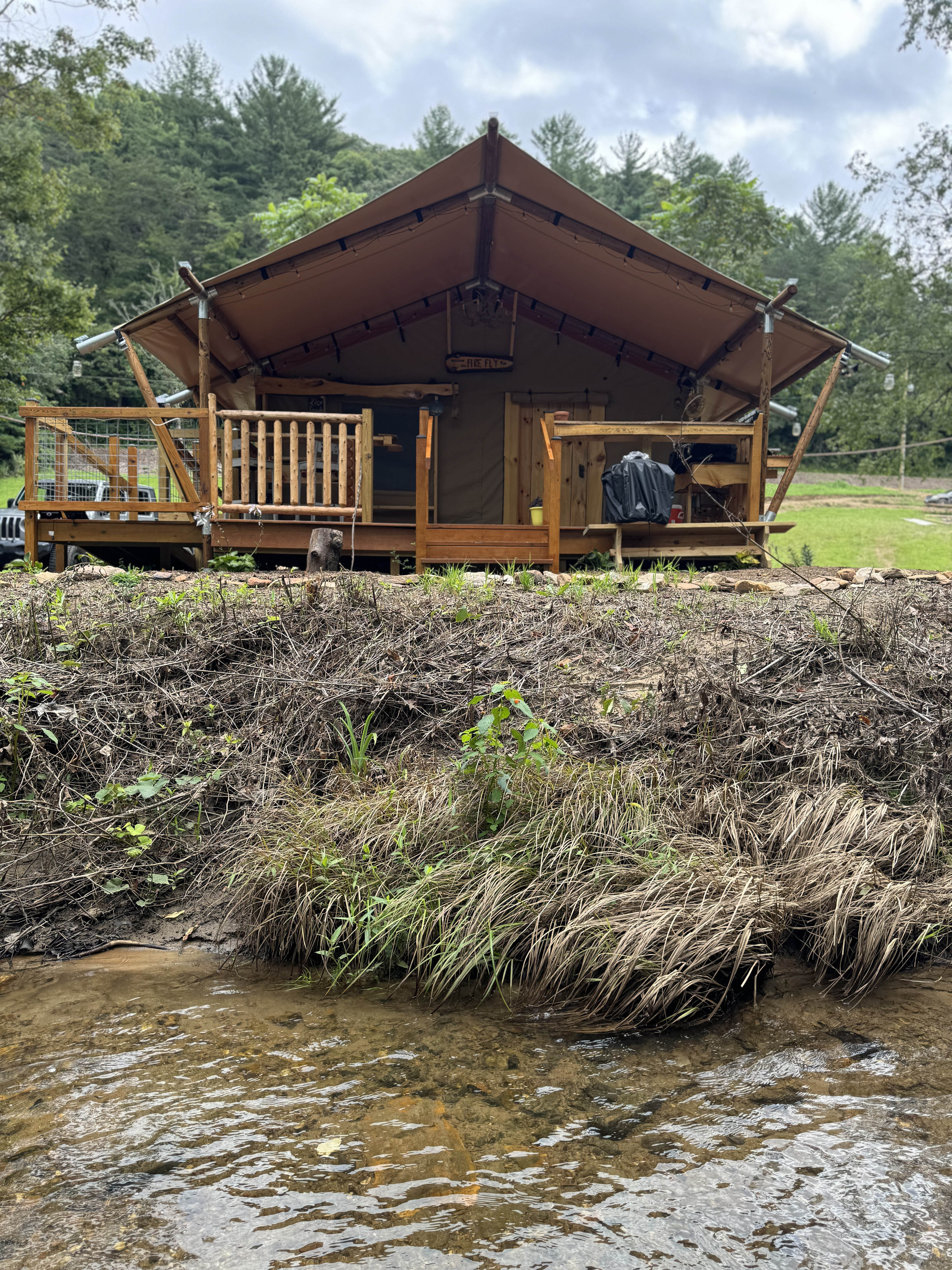 Right on the creek bank, sits this tent.  
