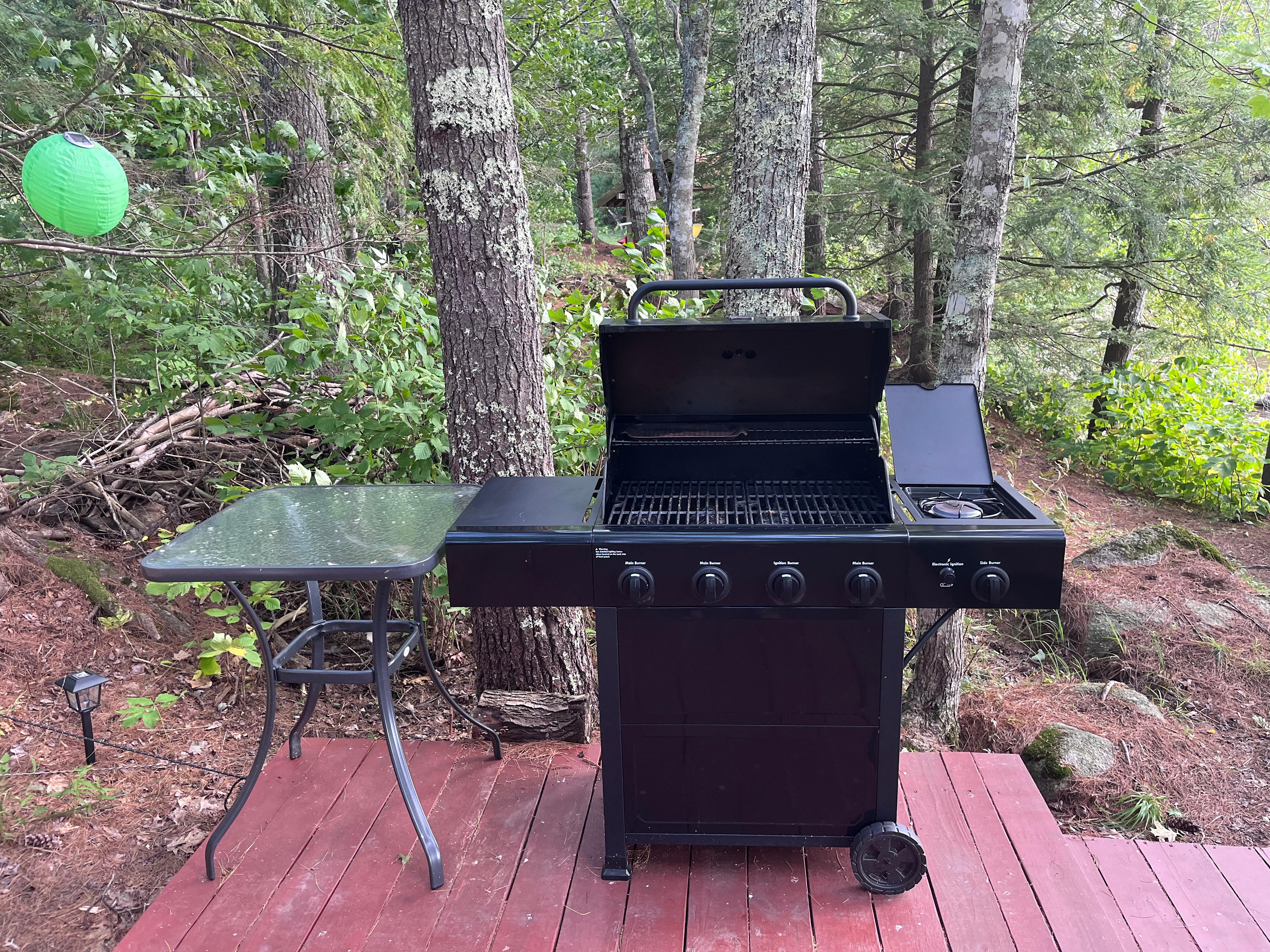 Gas grill with burner (propane included with site rental).