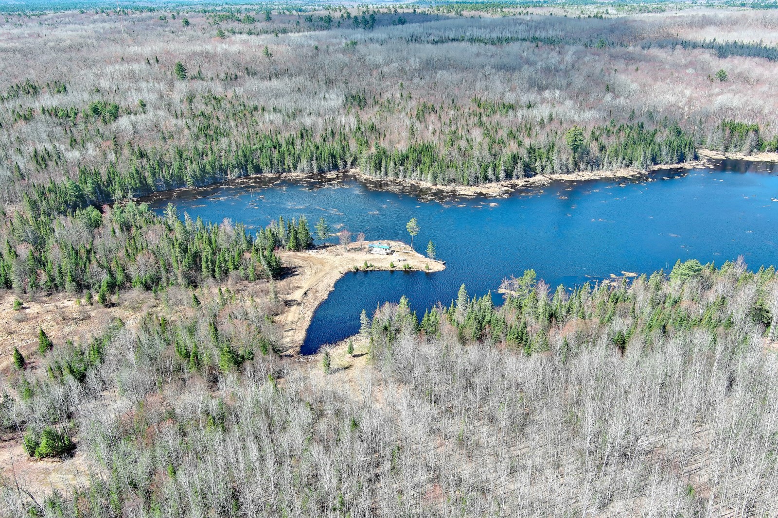 Aerial view of forest trails and private river on back of property
