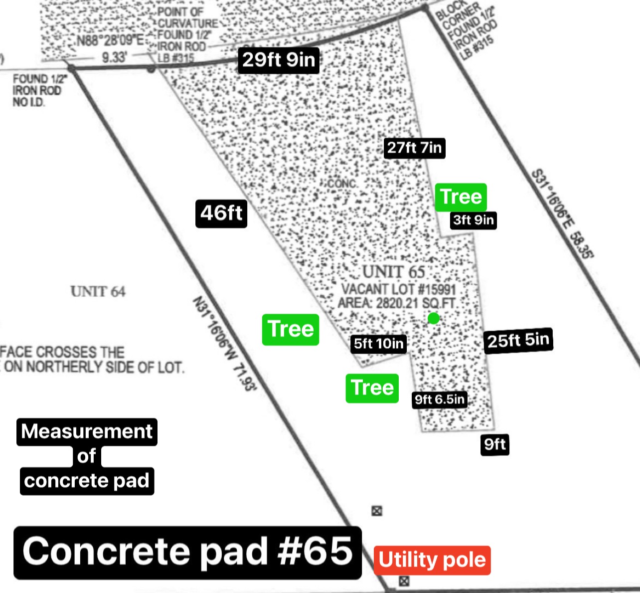 Black text is measurements of pavement and location of trees. Utility hookups for power, water & sewer in red. May need longer connections depending on RV. 
