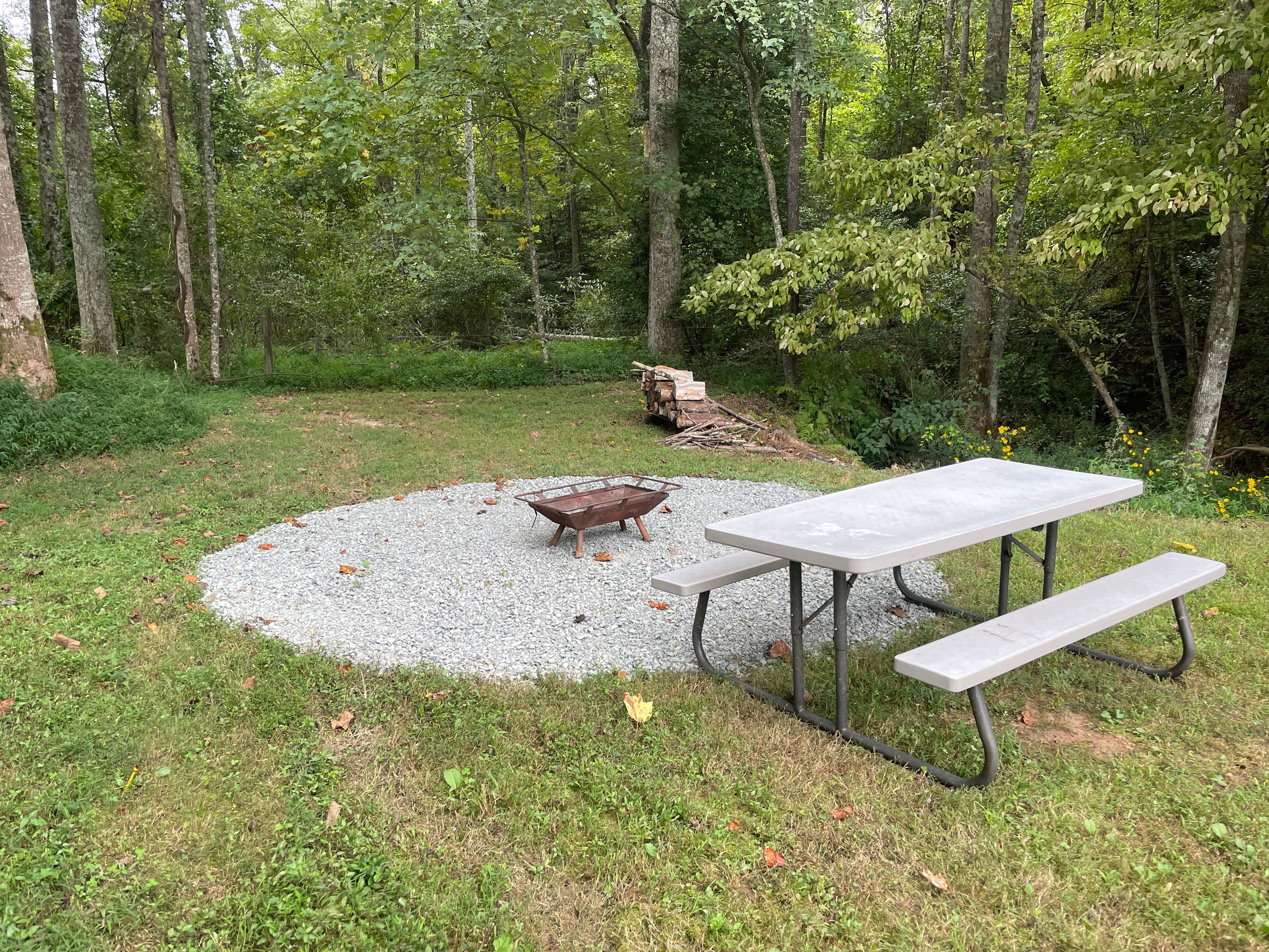 Firepit and picnic table at secluded end of the camps