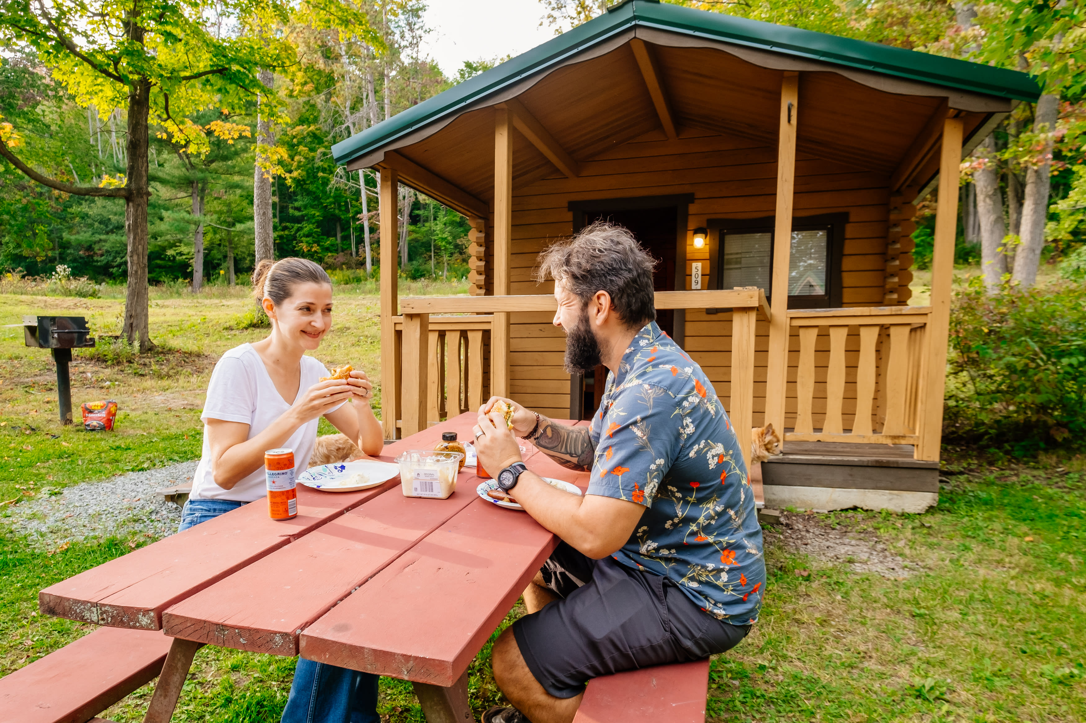 Enjoying dinner in front of our cabin.