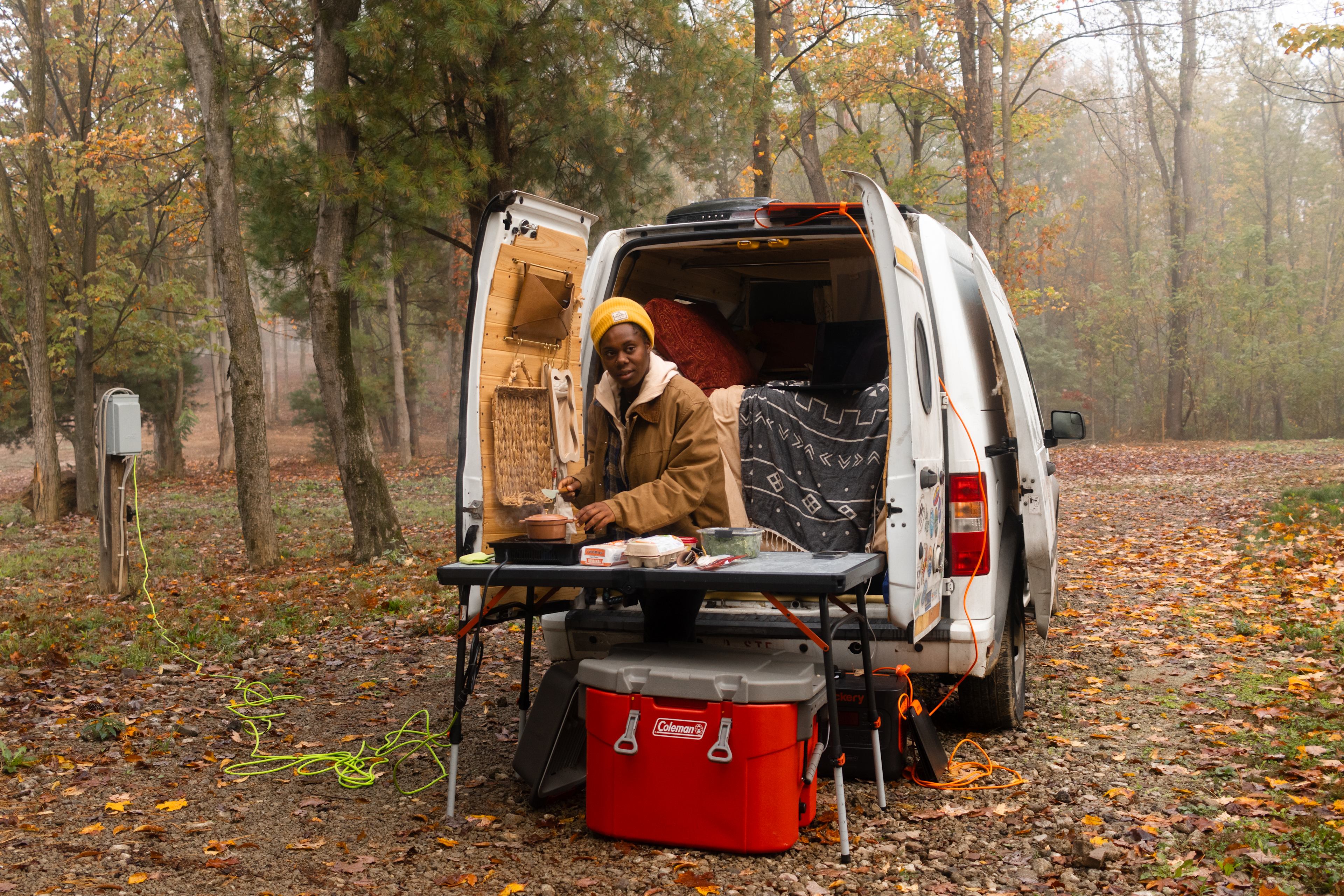 Cooking up breakfast using the power supply next to camp.