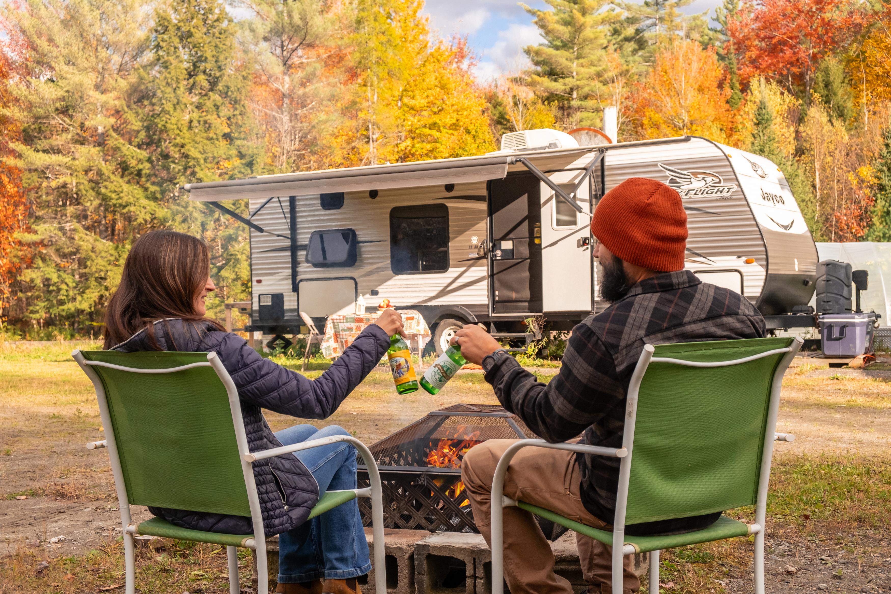 Sitting by the large fire pit.