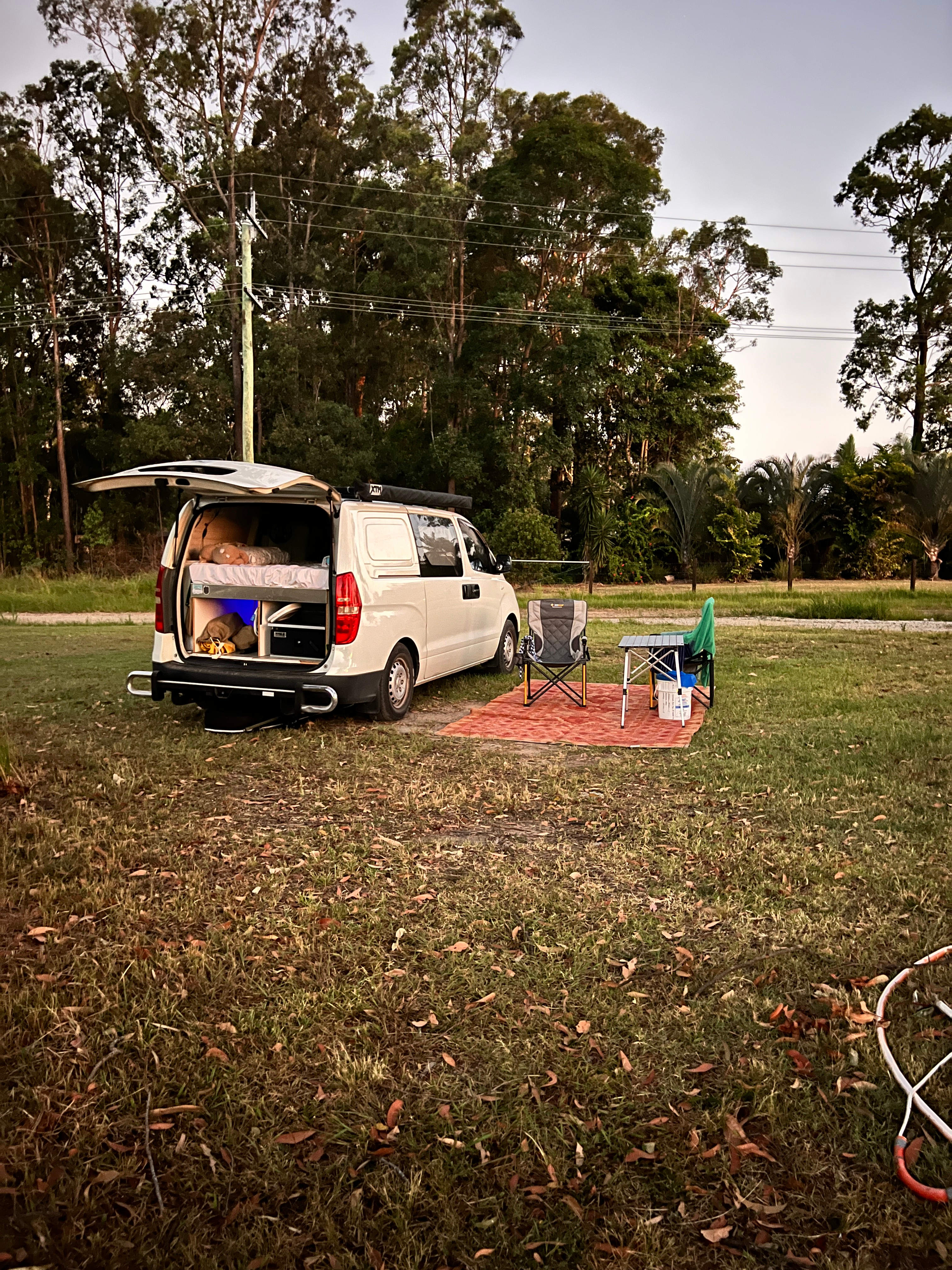 South side of caravan park where we parked between two trees. Nice and flat and a quiet spot. The site we booked was unallocated so you can pull up anywhere that suits 