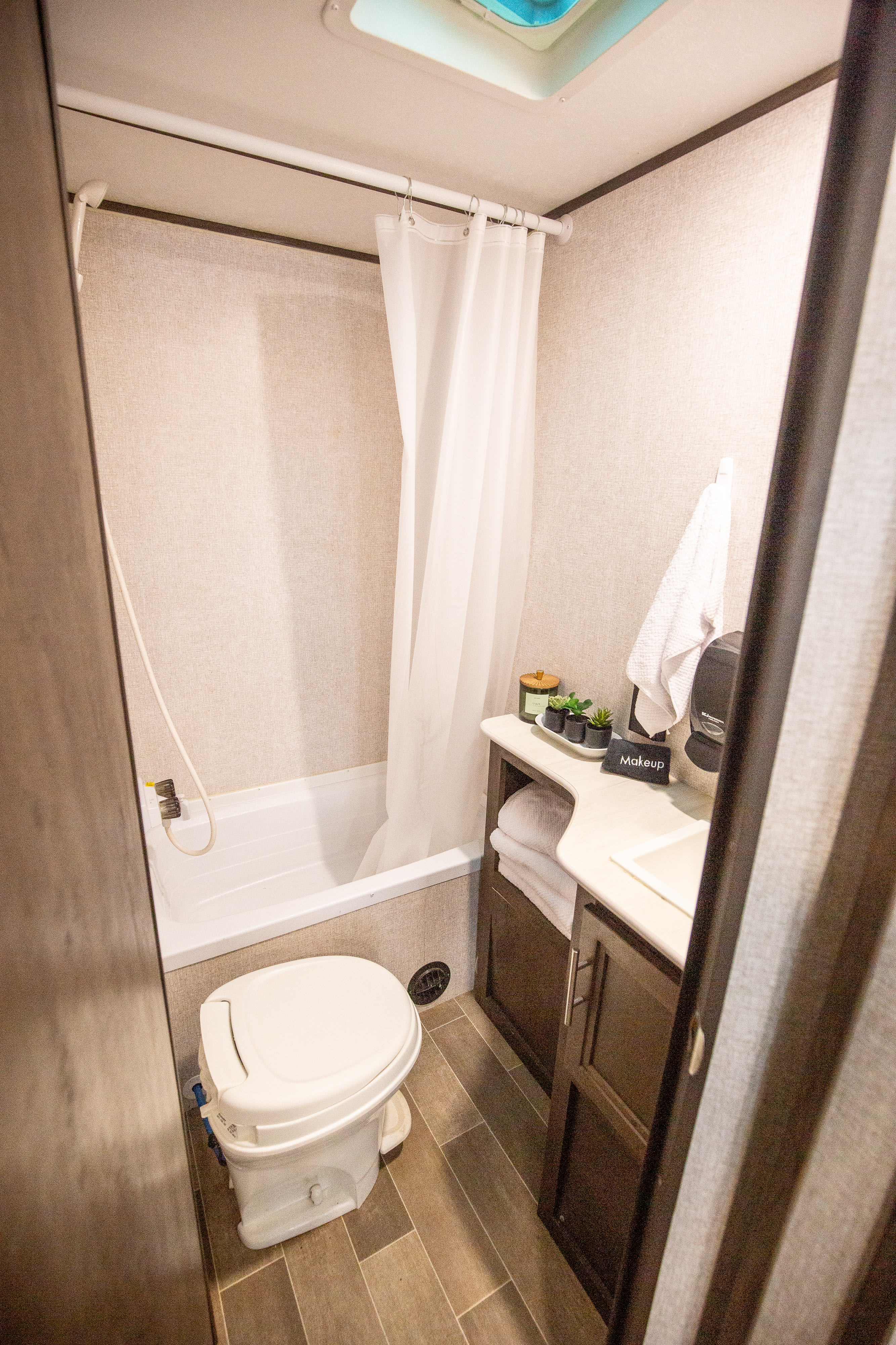 Toilet, Shower and sink. Towels included.