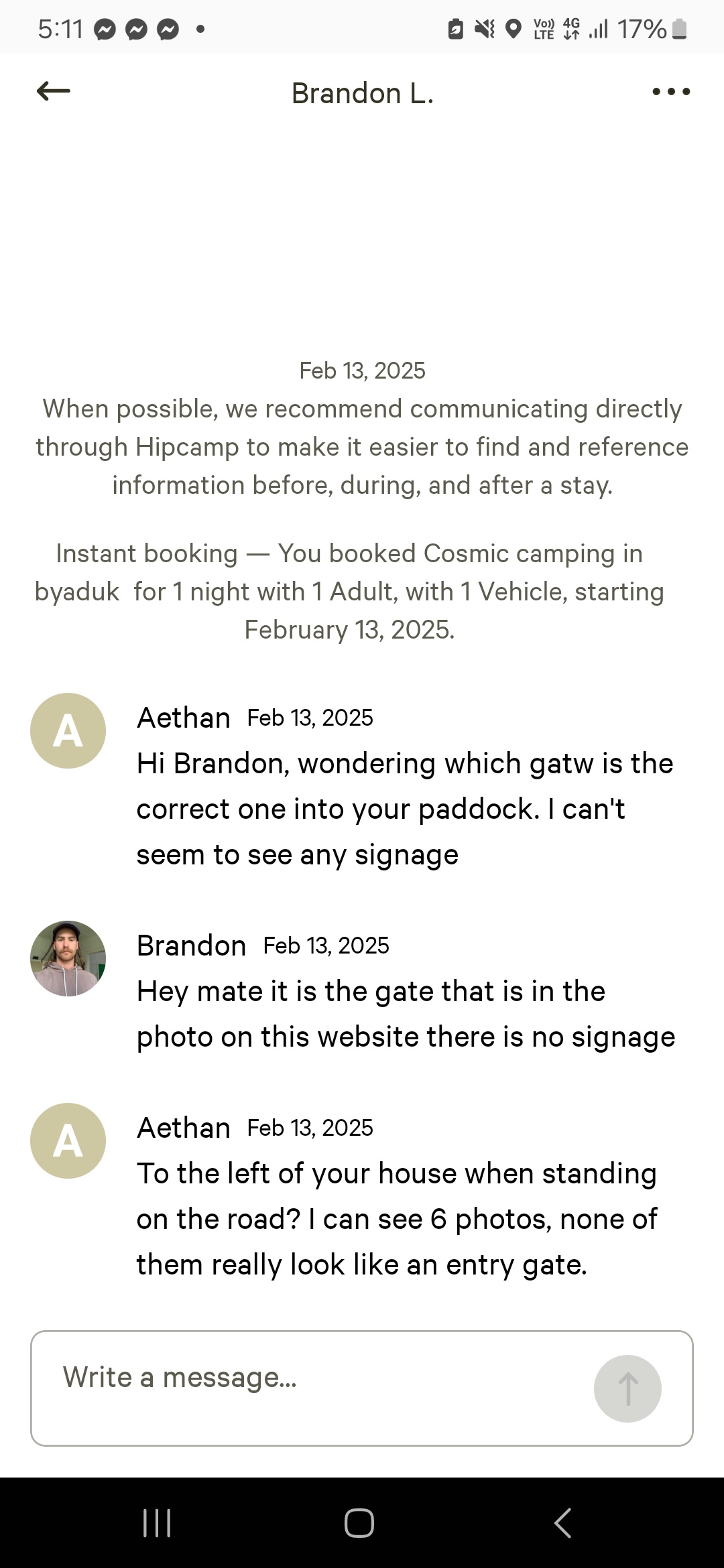 Told him I couldn't find it. He never responded after that first message. There was no clear photo of gate