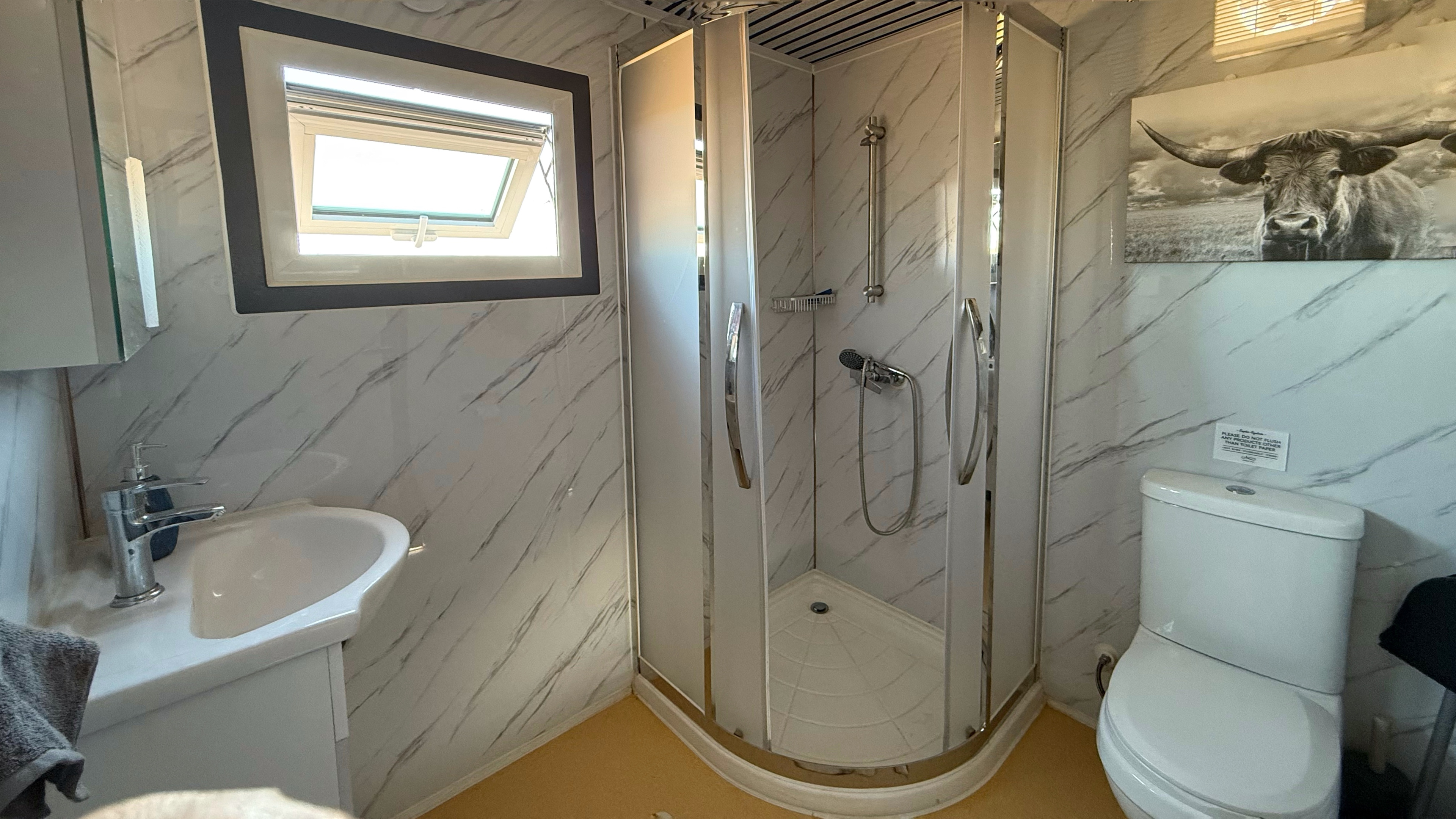 Private Restroom - equipped with shampoo, conditioner, body-wash, & towels.