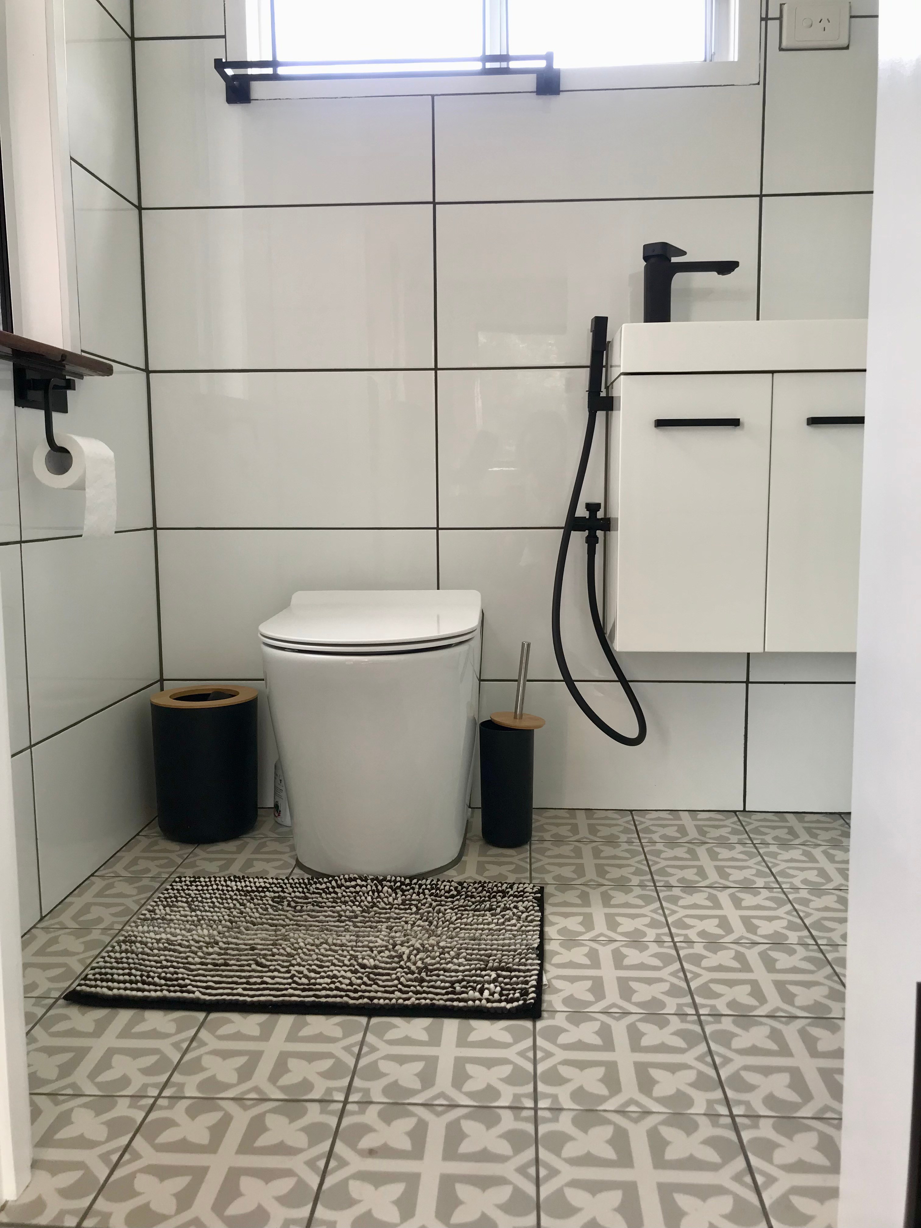 Bathroom with composting toilet.