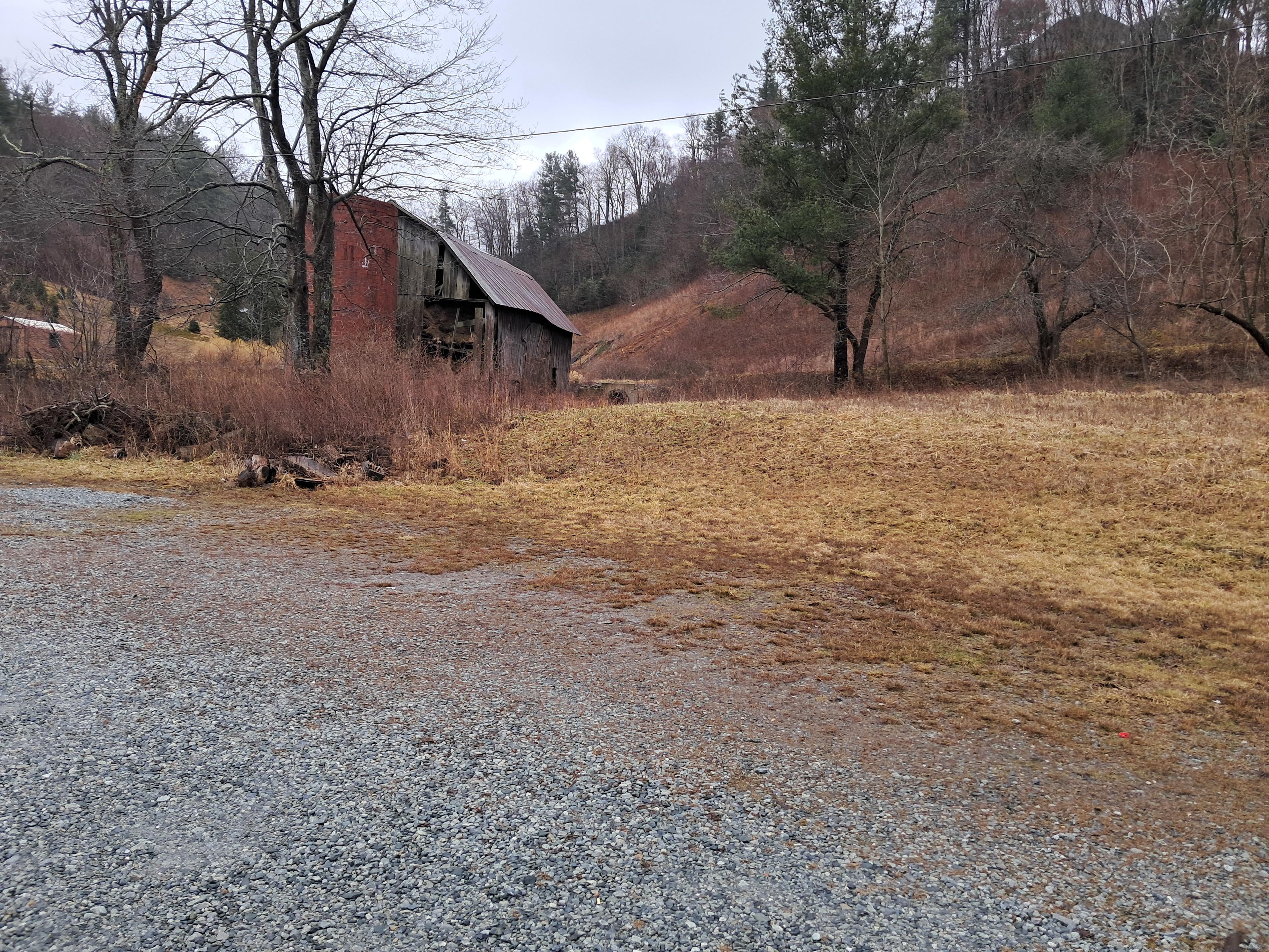 View of the gravel driveway site. Lovely grassy area behind, BUT (see next photo)