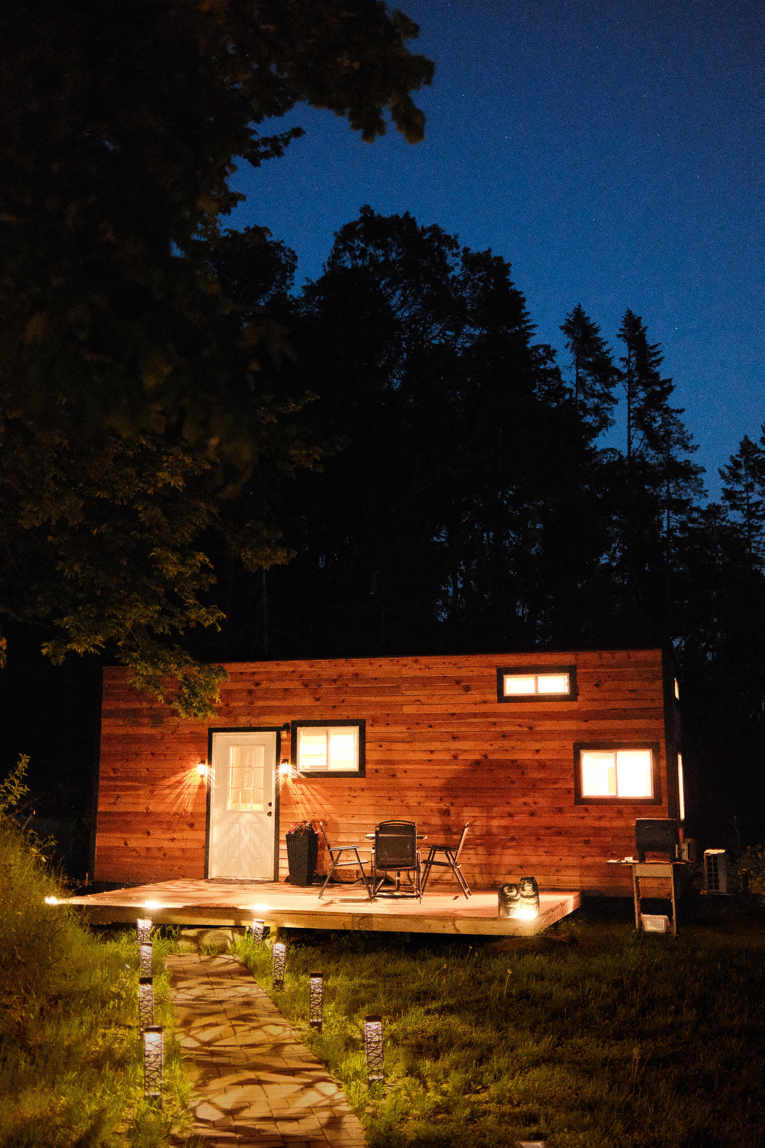 The Tiny House has a nice lighted walkway at night