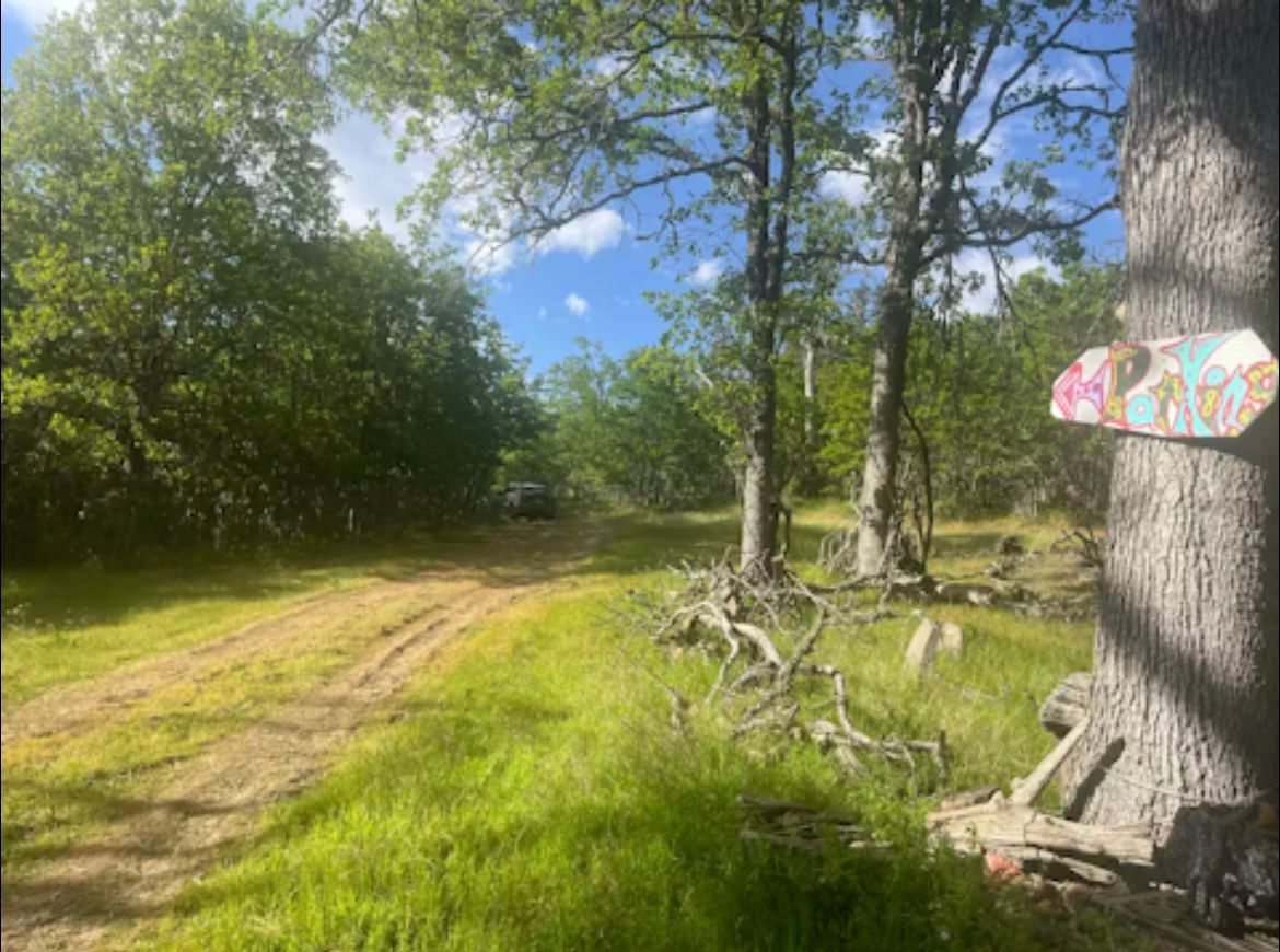 A "Parking" sign directs you towards the back of the property. Keep driving! This dirt road is 2WD, 4WD and AWD accessible. 